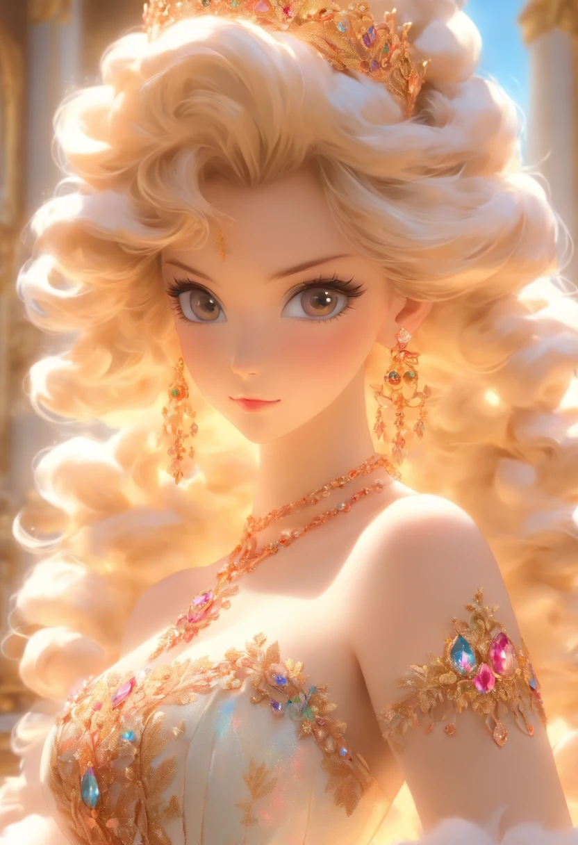 ((Anime art style)),(Masterpiece),(Best quality),(Super detail),(Very delicate and beautiful),Solo,((full bodyesbian,stand posture)),Standing in the royal palace,((1 queen in a rococo jewelry dress，Wear yours with a voluminous full-length hoop skirt)),(crinoline),Gorgeous embroidery,((Gorgeous gemstone jewelry)),Detailed face and eyes,Jewel-like eyes,((Plenty of straight hair,Extra-long fluffy hair)),((huge tit,long breasts,skin indentation)),Gorgeous embroidery,cleavage,Extremely gorgeous hair accessories,(Extremely gorgeous gemstone tiara，dourados cintilantes),Gorgeous corsage,(Dynamic Angle),view the viewer,((full bodyesbian))