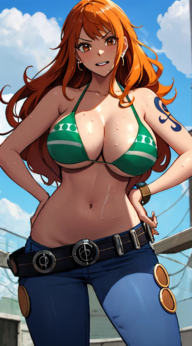nami \(one piece\), 1girl, bangle, bangs, bare shoulders, belt, bikini, bikini top only, bracelet, breasts, brown eyes, bubble, cleavage, denim, earrings, floating hair, green belt, green bikini, groin, jeans, jewelry, (large breasts:1.9), (big breast:1.3), long hair, looking at own body, navel, orange hair, pants, shoulder tattoo, sidelocks, sky, smile, solo, stomach, swimsuit, tattoo, angry, (hand on hips:1.4), (sweaty:1,2), shy, flusttered, (((masterpiece))), nipples visible through bikini