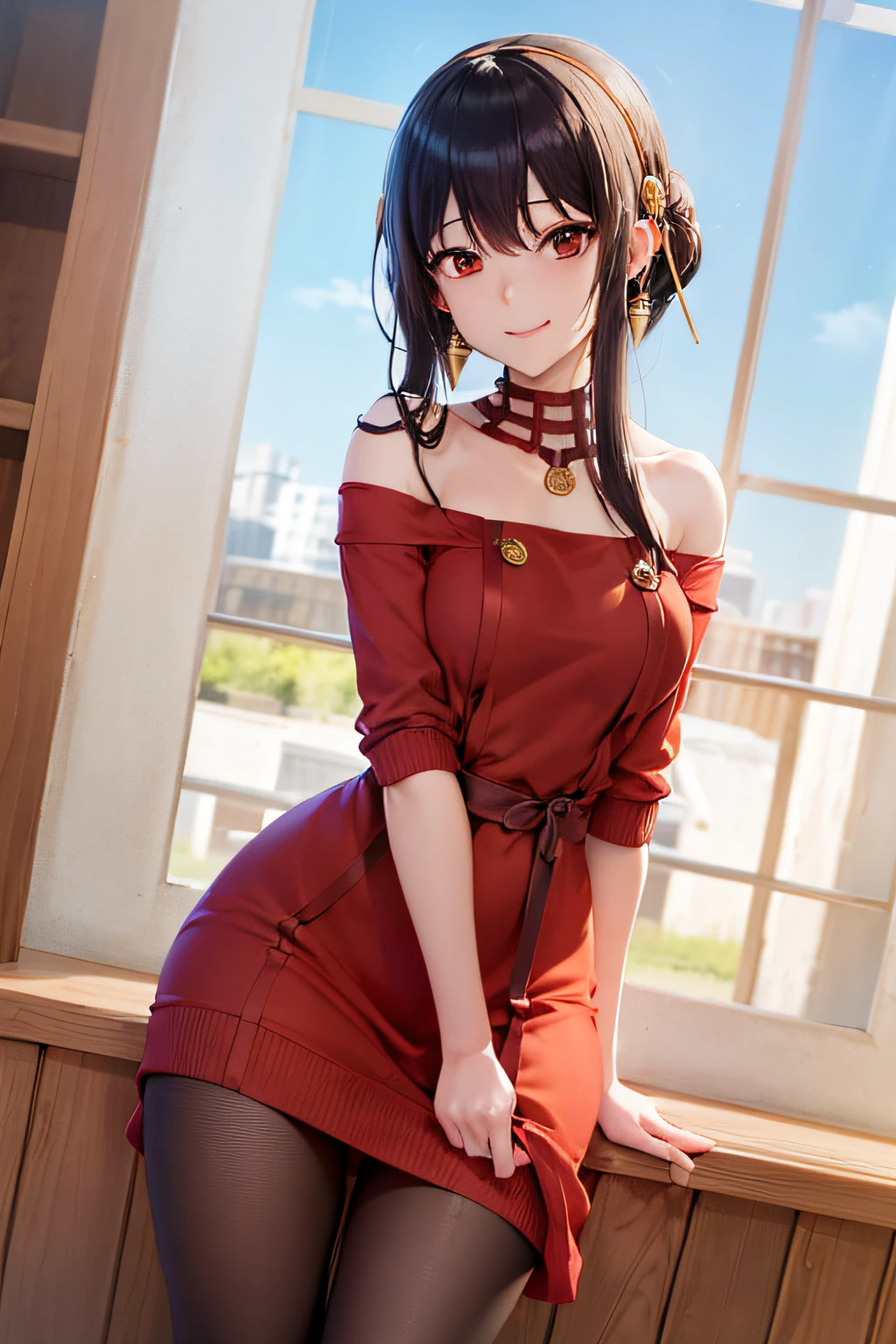 (masutepiece, Best Quality:1.2), Cowboy Shot, Solo, 1girl in, Yor Briar, Smile, Closed mouth, Looking at Viewer, Long Black Hair, shairband, Red Eyes, off shoulders, Red Sweater Dress, pantyhose, earrings