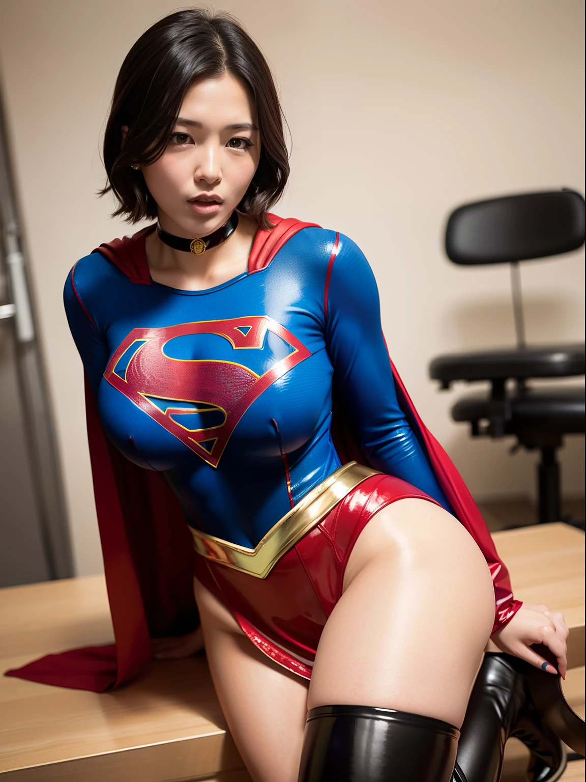 ​masterpiece,Short-haired supergirl spreading her thighs on a hospital operating table、large full breasts、Looking at the camera、Glossy enamel costume、Glossy red enamel long boots、Shiny red skirt、a choker、Glimpse、Fluttering cloak、seduces、sexypose、shame、Insults、insult、cum on、Fayue、ecstacy