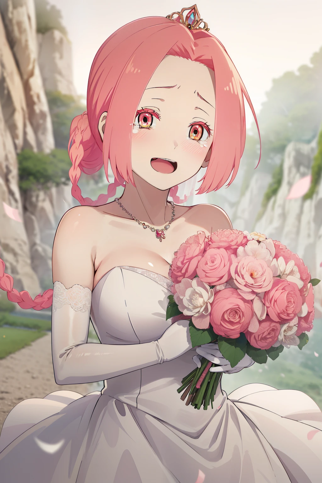 masterpiece, best quality, highres, aaichika,  tiara, bridal veil, necklace, cleavage, wedding dress, strapless dress, white dress, white gloves, elbow gloves, garden on background, smile, open mouth, tears, upper body, confetti, holding bouquet, bouquet, beatrix amerhauser, mei, pink hair, braid, gloves,