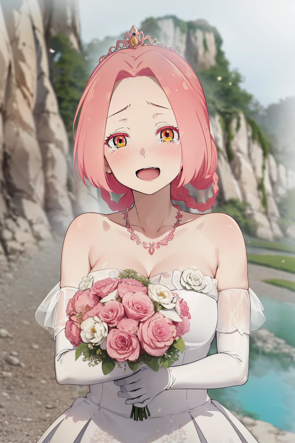 masterpiece, best quality, highres, aaichika,  tiara, bridal veil, necklace, cleavage, wedding dress, strapless dress, white dress, white gloves, elbow gloves, garden on background, smile, open mouth, tears, upper body, confetti, holding bouquet, bouquet, beatrix amerhauser, mei, pink hair, braid, gloves,