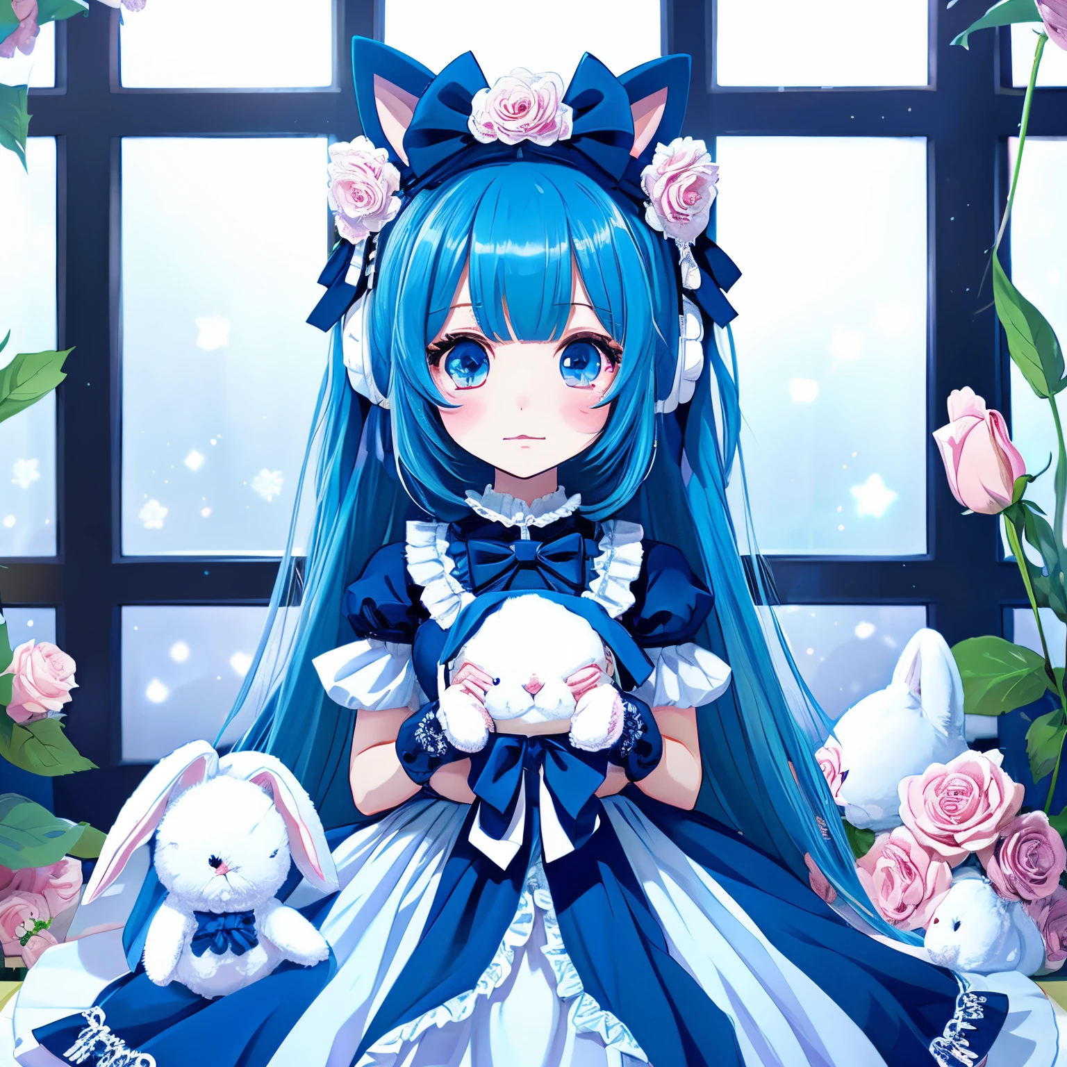 animesque、girl with、cute little、Blue hair、The long-haired、background blue roses、Gothic ta、Stuffed rabbit、illustratio、natta