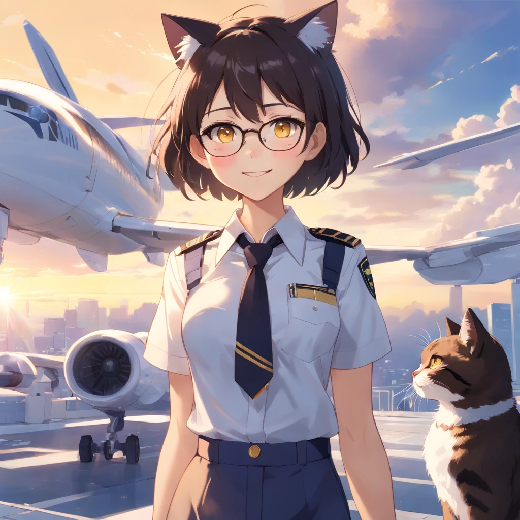 1girl, short black bob hair, yellow eyes, Round glasses, tan skin,dark skin ,BROWN SKIN, SHE HAS LIGHT BROWN SKIN, ite body, wearing plain white formal work shirt, wearing long black pants, business tie, absurdres, high res, ultrasharp, 8k, masterpiece, looking at viewer, cat ears, airline pilot uniform, airline pilot hat, white background, short sleeve, bangs, flat chest, whiskers, androgynous, she has cat ears on her head, she has cat teeth, cloudy background, holding pet black cat, smiling