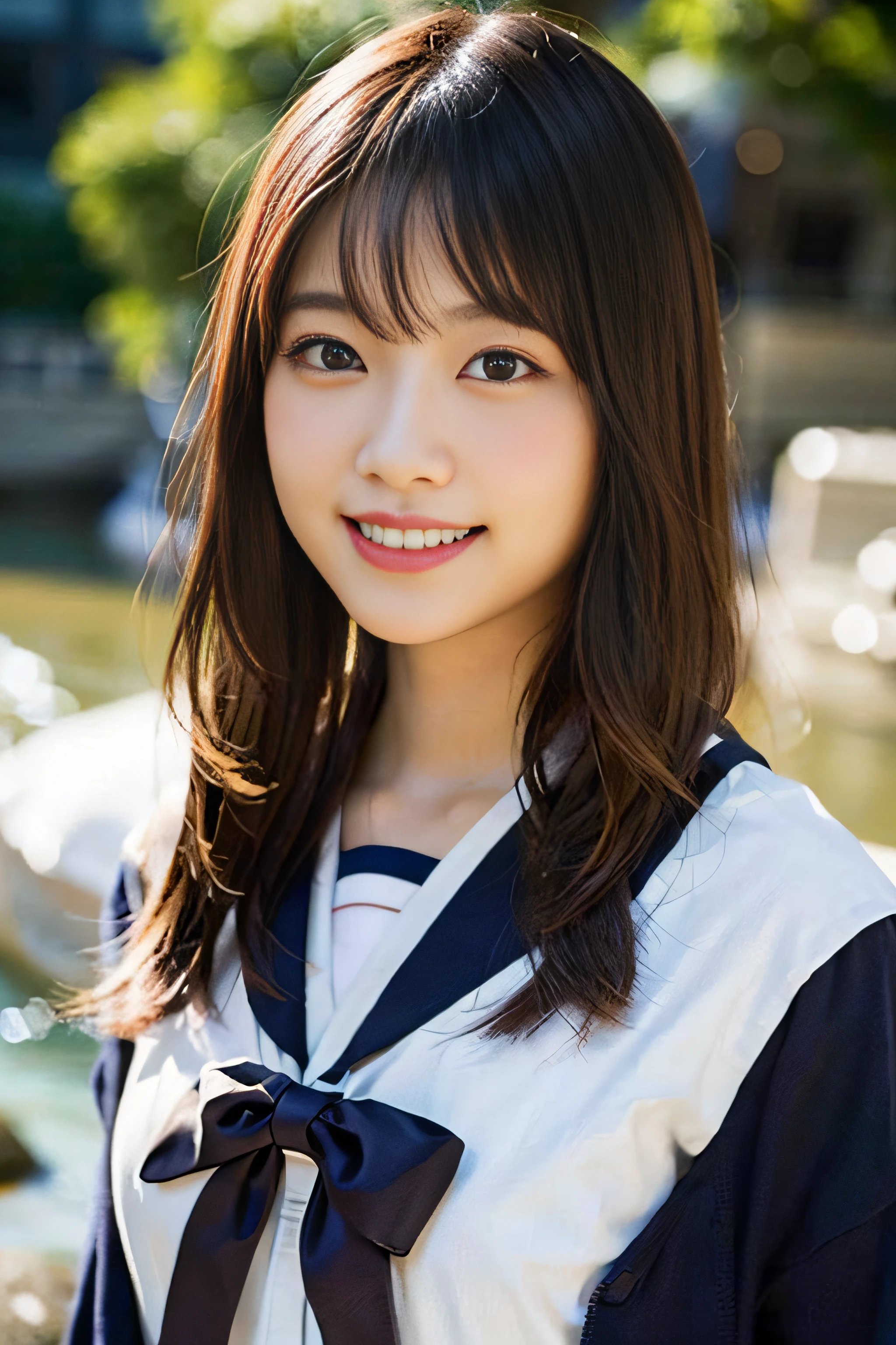 (8K、Raw photography、top-quality、masterpiece:1.2)、(realisitic、Photorealsitic:1.37)、ultra-detailliert、超A high resolution、女の子1人、see the beholder、beautifull detailed face、A smile、Constriction、(Slim waist) :1.3)、Beautiful detailed skin、Skin Texture、Floating hair、Professional Lighting、Whole human body、Longhaire、a blond、japanese hight school uniform、a sailor suit、matriculation、、Bob Hair、E-cup、Happy smile、sixteen years old、Red ribbons、a baby face、Childish smile、Suppin、Moisturizing lips、Thin pink lips、mont、a river、valleys