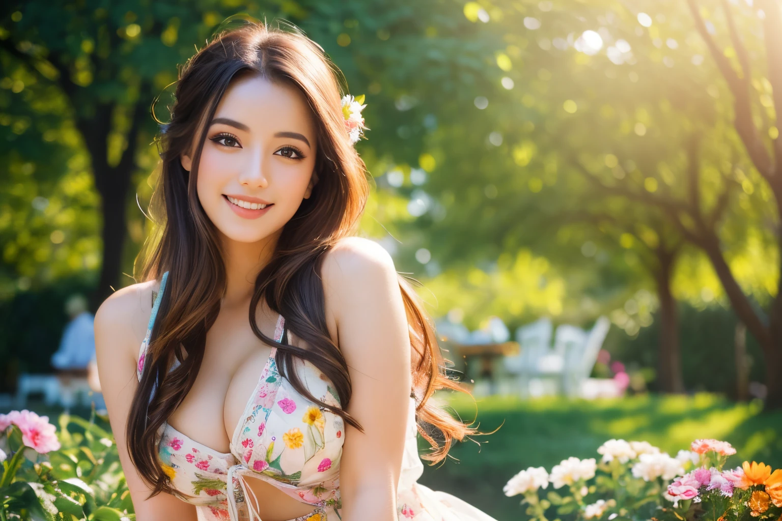 highres,realistic,beautiful detailed girl,gifts herself on her boyfriend's birthday,lovingly detailed eyes,long flowing hair,perfectly applied makeup,stylish outfit,garden setting,soft sunlight streaming through the trees,colorful flowers,handcrafted birthday gift,joyful expression,heartfelt happiness,magical atmosphere,emotional moment,vibrant colors,romantic lighting,photorealistic portrait,stunning visual composition,bokeh effect,professional artwork,nsfw