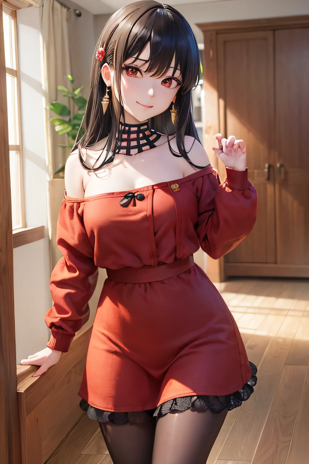 (masutepiece, Best Quality:1.2), Cowboy Shot, Solo, 1girl in, Yor Briar, Smile, Closed mouth, Looking at Viewer, Long Black Hair, shairband, Red Eyes, off shoulders, Red Sweater Dress, pantyhose, earrings