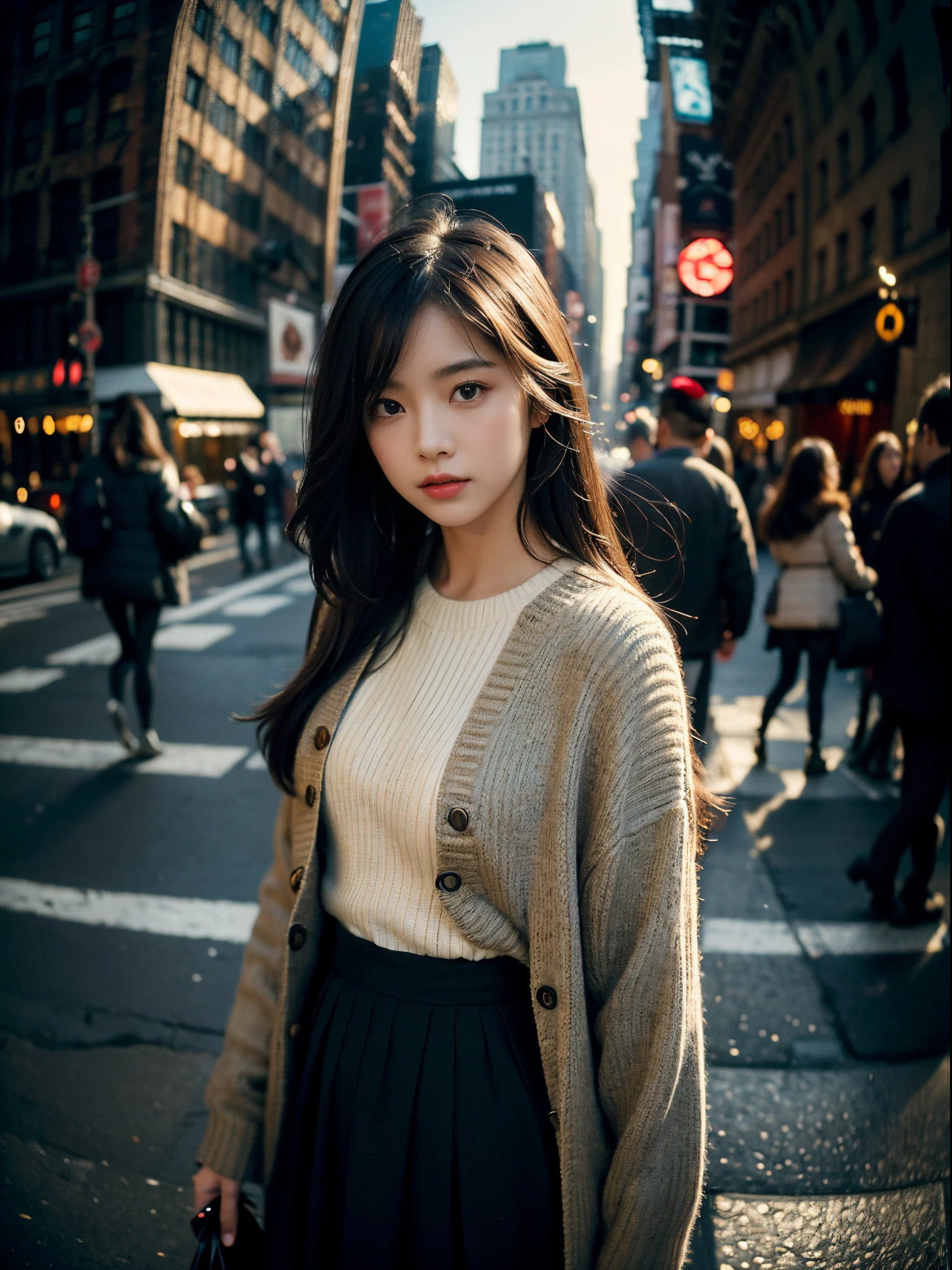 1girl, (looking at viewer:1.2), detail face, (a girl standing, rending on cgsociety, black shadows, streaming, new york backdrop), romanticism, atmospheric, (RAW photo, best quality), (realistic, photo-realistic:1.3), masterpiece, an extremely delicate and beautiful, extremely detailed, Nikon 8mm fish eye lens, 360-degree panorama, very wide angle
