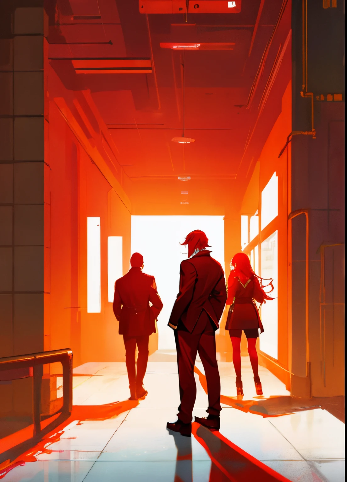 masterpiece, best quality, highres, cyberpunk , from back, (silhouette of a mafia squad, shadows of person), High lighting, high resolution, Neon lights, red hair, red outfit