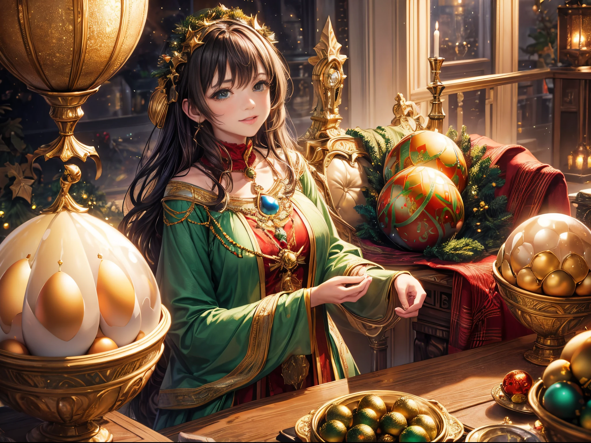 (best quality,4k,8k,highres,masterpiece:1.2),ultra-detailed,(realistic,photorealistic,photo-realistic:1.37),A Christmas-Inspired Fantasy World of Planets Hatching from Ornate Eggs
Imagine a universe where Earth-like planets emerge from intricately designed golden, silver, and jewel-covered eggs arranged in mesmerizing fractal patterns. The eggs crack open to reveal stunning landscapes, each adorned with Christmas-themed wonders that sparkle with holiday cheer. Warm, inviting lights illuminate the scene, casting a magical glow on the surroundings. The vibrant colors of red, green, and gold dominate the palette, creating a festive atmosphere. This exquisite artwork is a fusion of fantasy and Christmas magic, capturing the imagination and spreading joy through every detail.