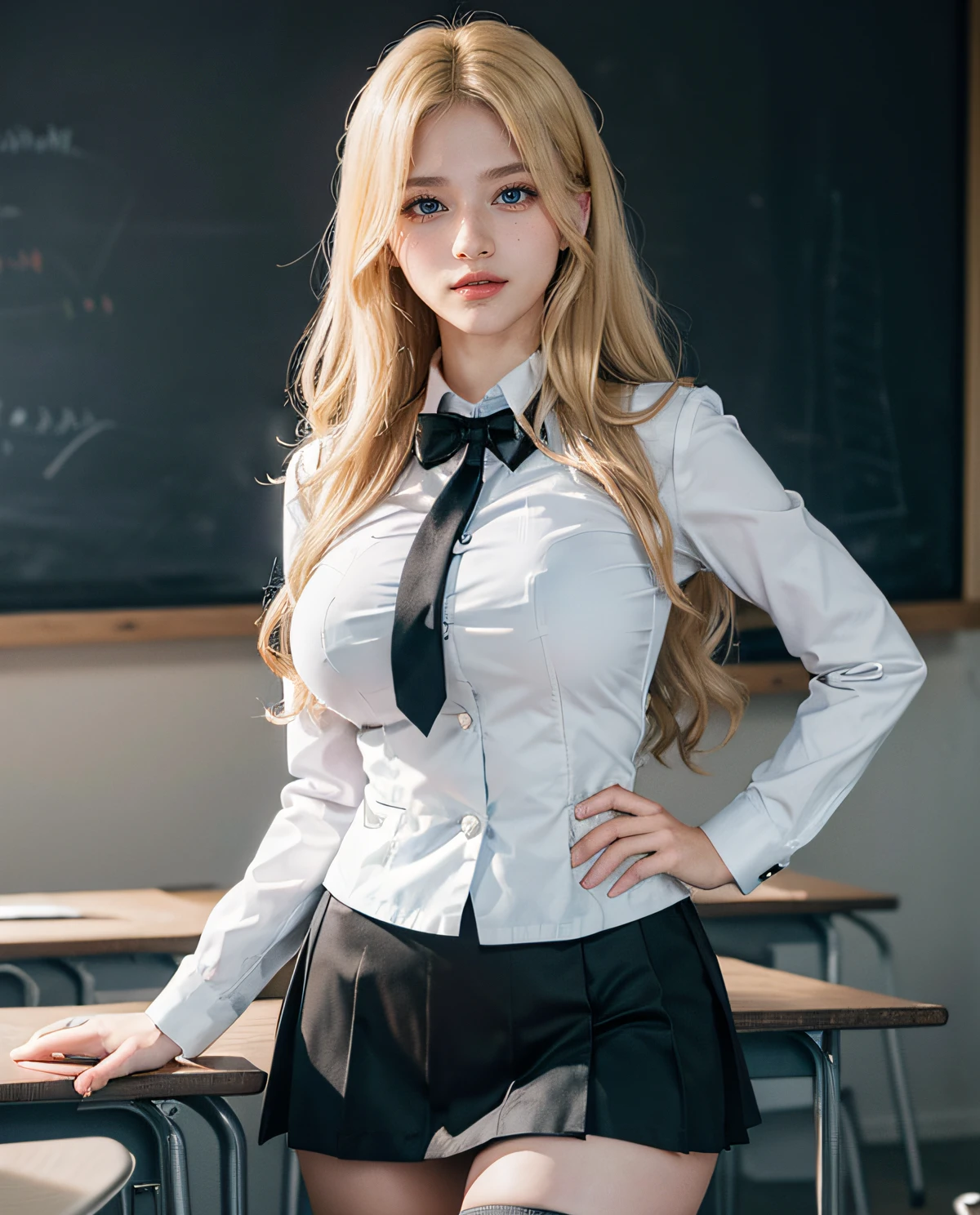 （best qualtiy，4K，tmasterpiece：1.2），Pretty women，1girll，Raised sexy：1.1，Deep yellow hair：1.1，Woman in school uniform，Soaked white school uniform，Super detailed face，Detailed lips，A detailed eye，二重まぶた，Purple miniskirt black stockings，Stand up，full bodyesbian