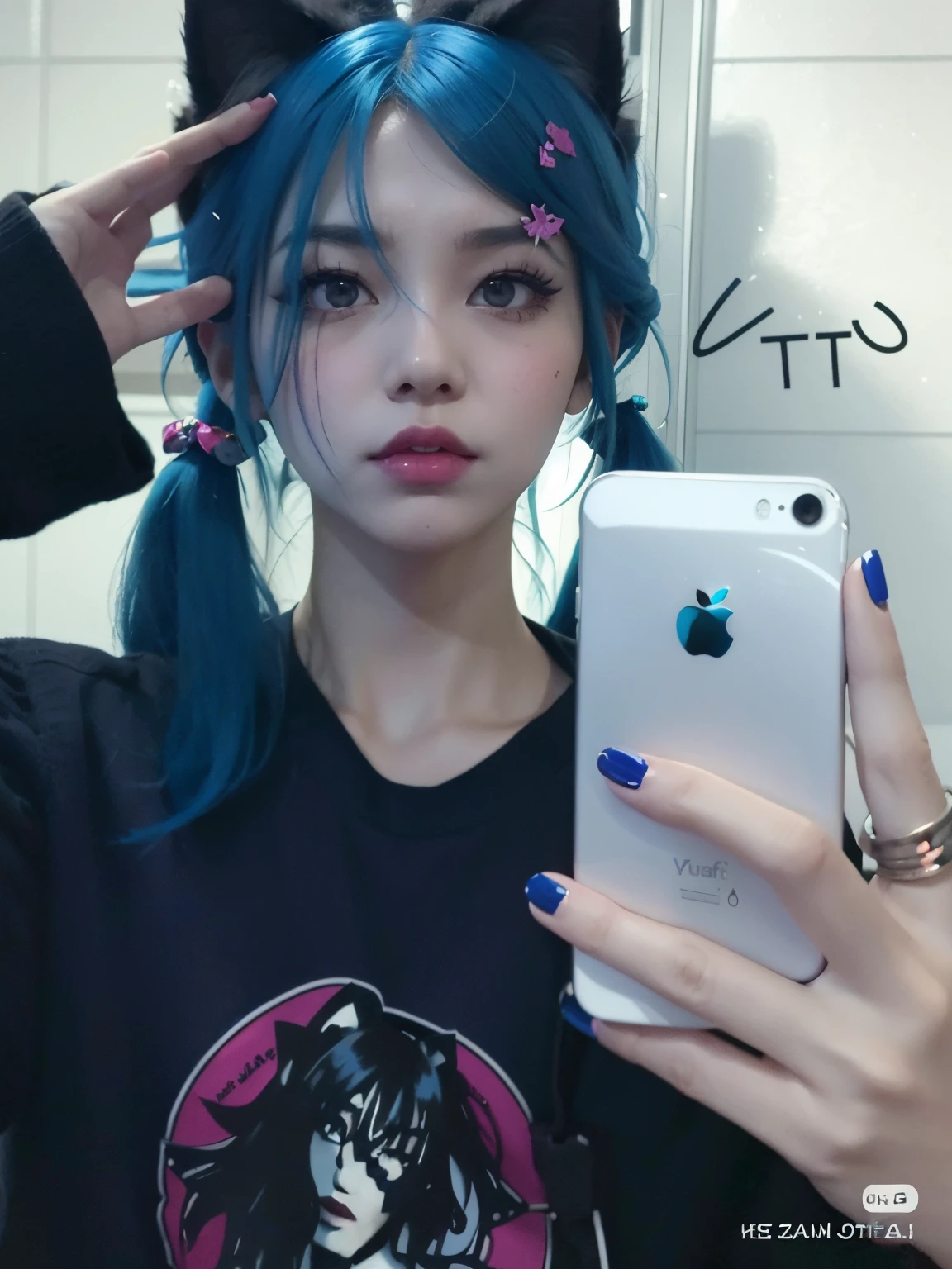 arafed girl with blue hair and cat ears taking a selfie, ulzzang, yutja, cruel korean goth girl, ruan cute vtuber, tumblr, e - girl, e-girl, uwu, lut, iphone selfie, with apple, very aesthetic!!!!!!, guweiz, kuvshinov ilya, ugly look