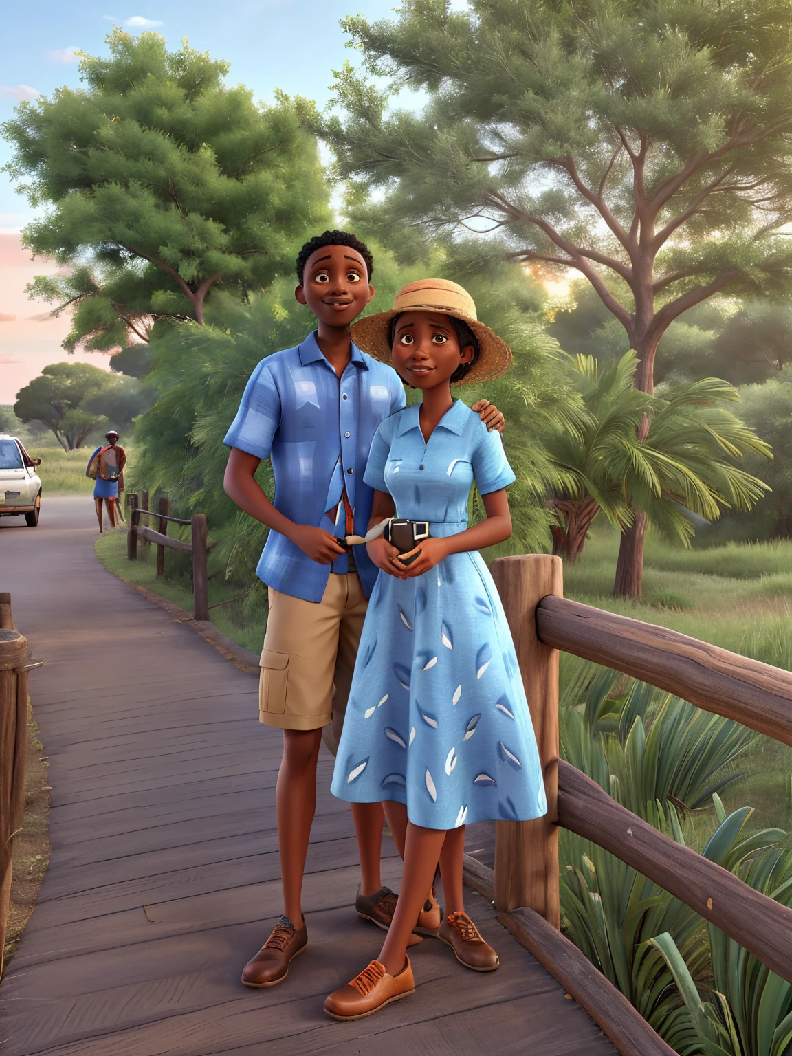 A young black African American couple in a safari kind setup with trees surrounding them the lady is wearing a blue summer dress with a straw hat the guy is wearing a stripped blue and orange t-shirt with cargo shorts
