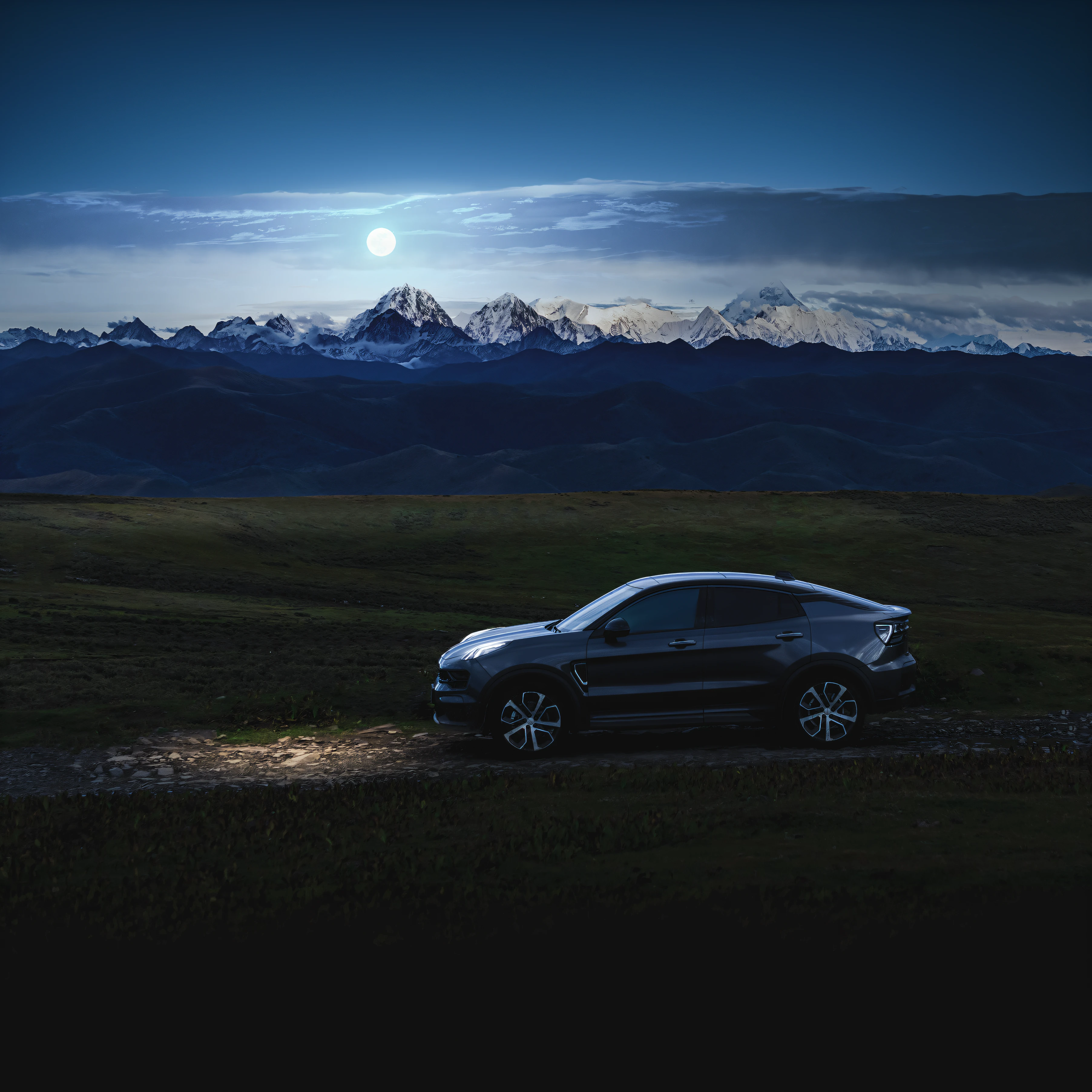 Alafid car parked on dirt road in front of mountains, vehicle photography, automotive photography, Haval f 7, automotive photography, full scenery shot, auto photography, perfect cinematic light, car commercial photograph, With mountains as a backdrop, perspective shot, advertising photograph, High contrast movie lights, Future product car photography, Cinematic full shots, against a scenic background