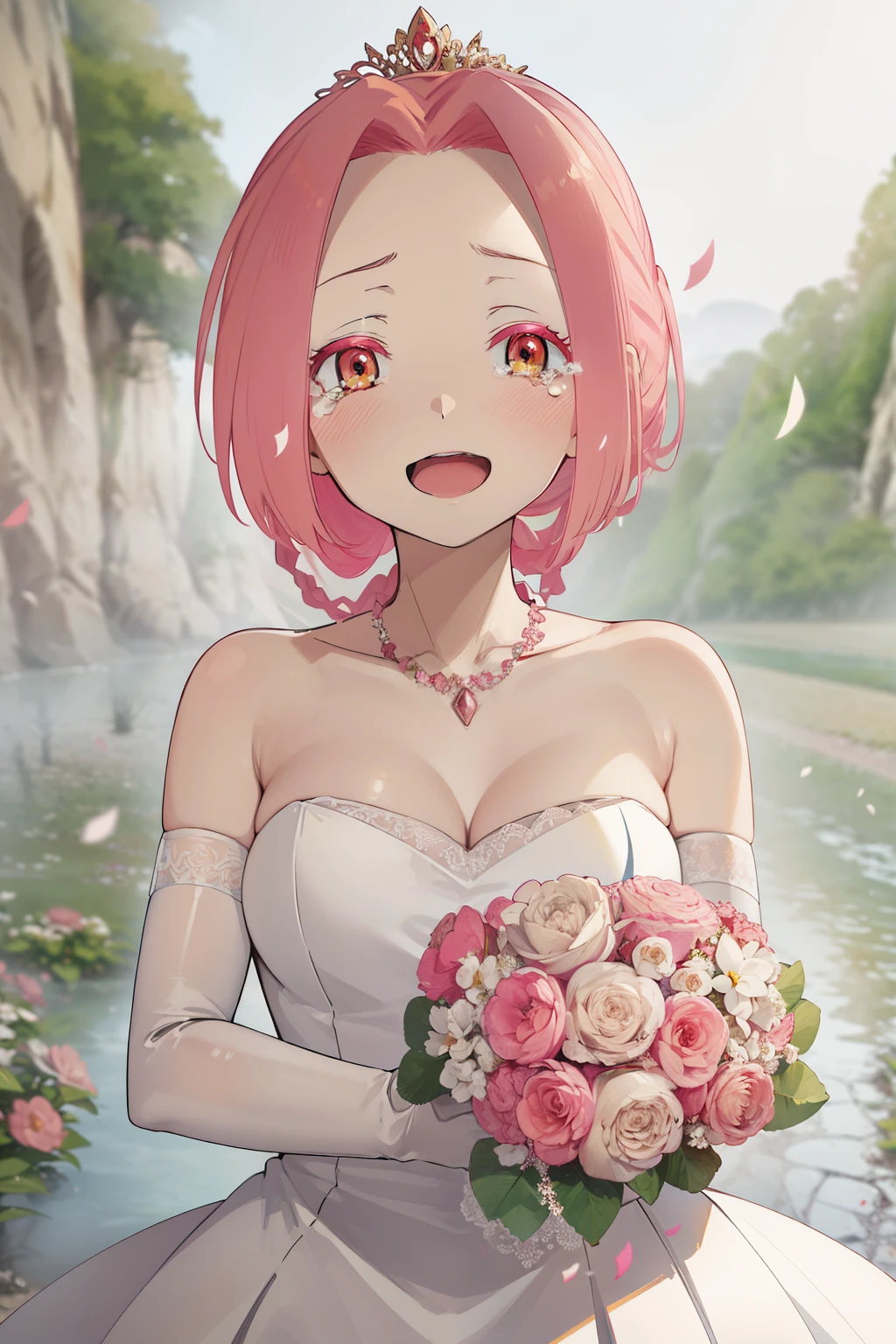 masterpiece, best quality, highres, aaichika,  tiara, bridal veil, necklace, cleavage, wedding dress, strapless dress, white dress, white gloves, elbow gloves, garden on background, smile, open mouth, tears, upper body, confetti, holding bouquet, bouquet, beatrix amerhauser, mei, pink hair, braid, gloves,