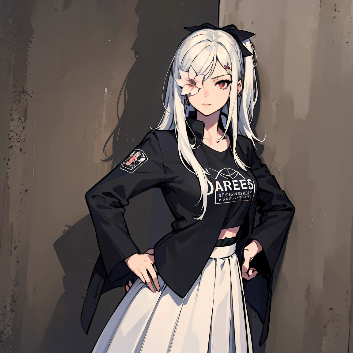 (absurdres, 8k, 4k, masterpiece, hyper extreme detailed:1.2), solo, front view portrait, best quality, portrait, solo, adult, cowboyshot, perfect anatomy, 1girl, perfect face, expressive eyes, perfect eyes, tomboy, white hair, long skirt, swept bangs, full body, WhiteOutfit, flower over eye, long hair, white hair, long hair, prosthetic arm, red eyes, black ribbon, zero, flower in eye, hands on hips, hallway background, black graphic t-shirt, white jacket, streetwear