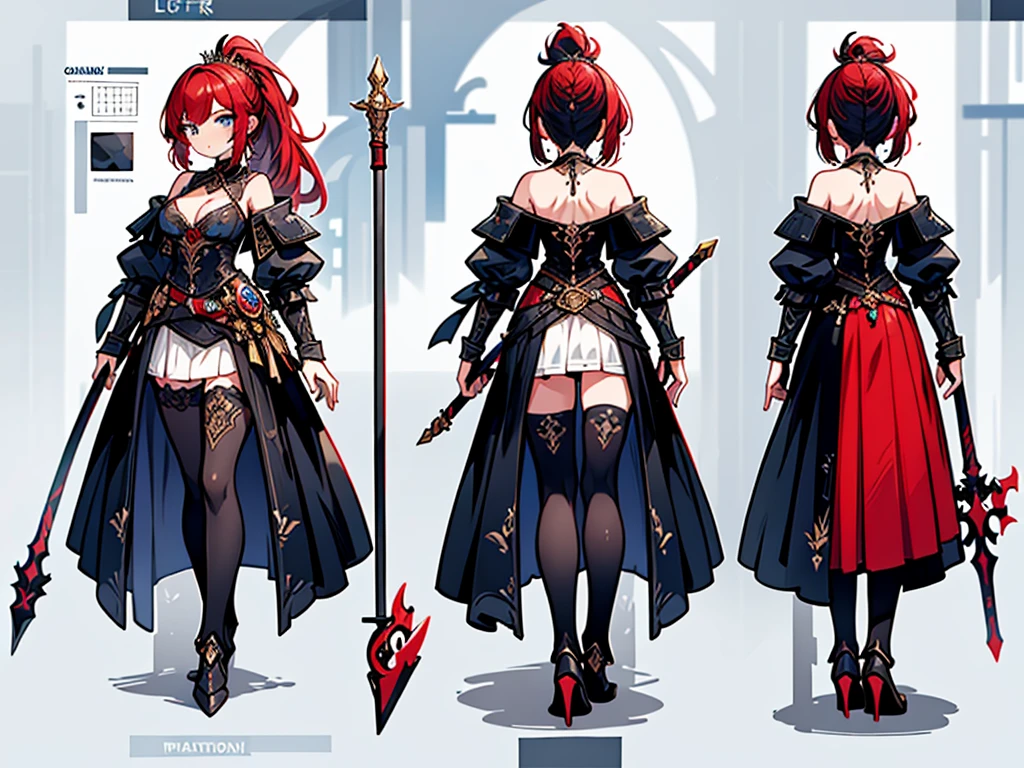 (Masterpiece, best quality), detailed, 1girl, ((character concept art)), ((character design sheet, same character, front, side, back)), many items, (Aveline has fiery red hair that seems to flicker like flames, and her eyes are a bright, burning amber. She wears armor that resembles phoenix feathers, with a long, flowing cape that looks like a pair of wings. She wields a flaming sword that ignites with her will.)