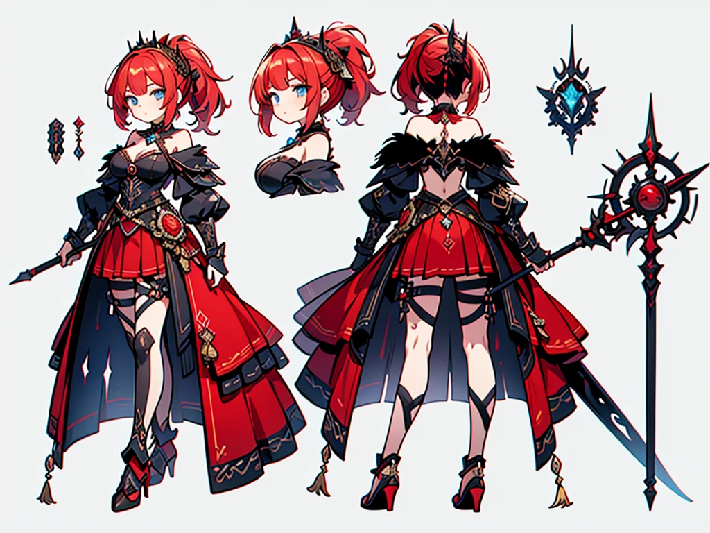((Masterpiece, highest quality)), detailed face, character sheet, Full body, 1girl, High quality,Best quality,Ultra-detailed,high resolution,female warrior in red outfit with filigree shiny rustic golden off-shoulder armor and holding a ornate polearm, tall sexy lady, red hair, long hair, High ponytail,Blue eyes,breasts,tiara,armor, weapon, polearm, armor, Open Chest, tight micro miniskirt,high heels, holding weapon, breasts,cleavage, full body, holding,full of details, multiple poses and expressions, highly detailed, many parts,((three sided view, front view, side view, back view, full body,simple background, gray background,multiple views,highres)), illustration, charturnbetalora, concept art, character concept art,LnF