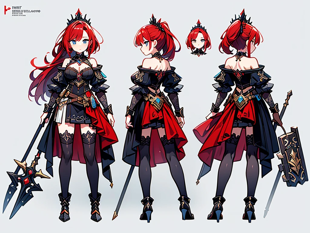 ((Masterpiece, highest quality)), detailed face, character sheet, Full body, 1girl, High quality,Best quality,Ultra-detailed,high resolution,female warrior in red outfit with filigree shiny rustic golden off-shoulder armor and holding a ornate polearm, tall sexy lady, red hair,  long hair, High ponytail,Blue eyes,breasts,tiara,armor, weapon,  polearm, armor, Open Chest, tight micro miniskirt,high heels, holding weapon, breasts,cleavage, full body, holding,full of details, multiple poses and expressions, highly detailed, many parts,((three sided view, front view, side view, back view, full body,simple background, gray background,multiple views,highres)), illustration, charturnbetalora, concept art, character concept art