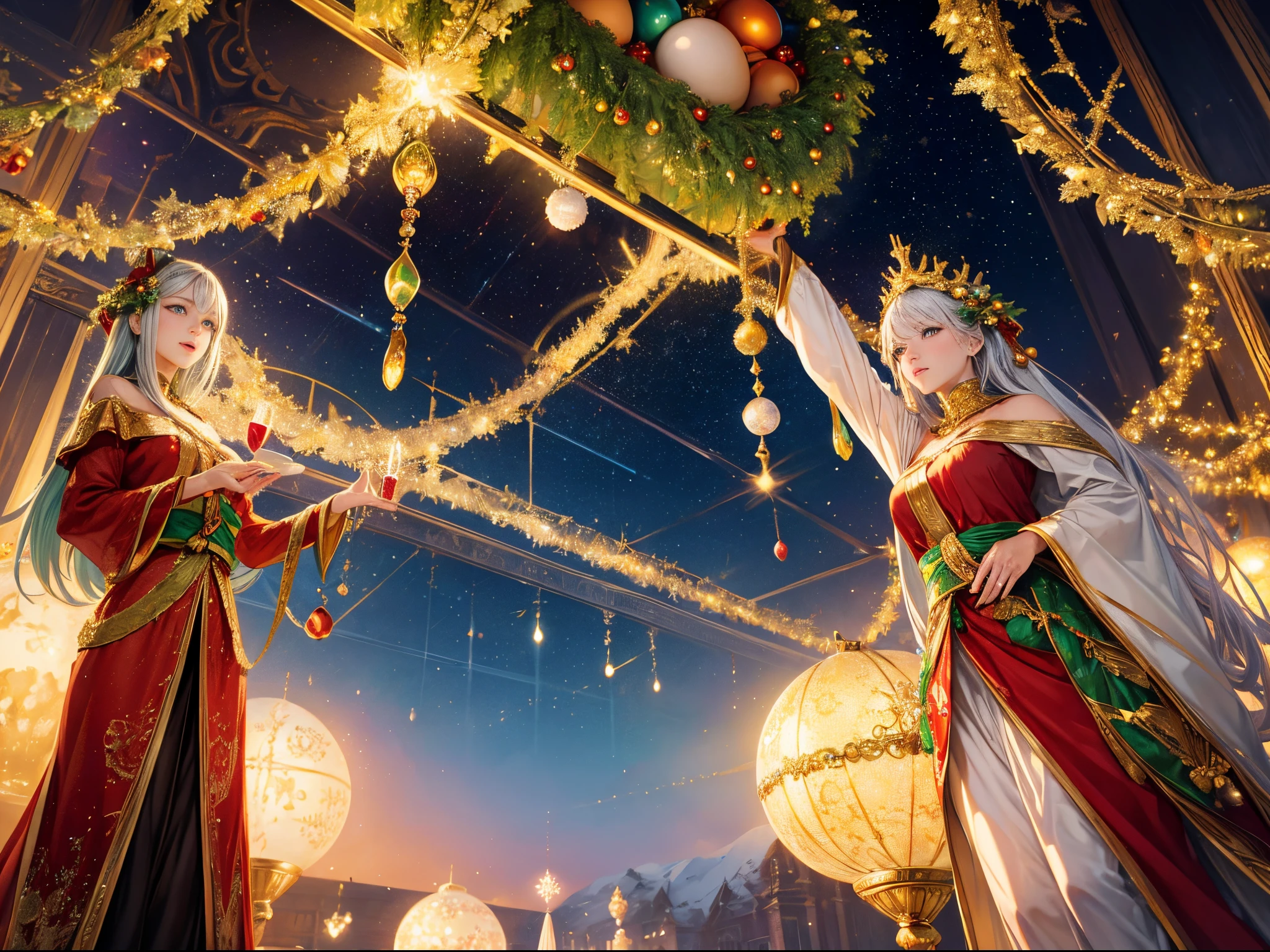 (best quality,4k,8k,highres,masterpiece:1.2),ultra-detailed,(realistic,photorealistic,photo-realistic:1.37),A Christmas-Inspired Fantasy World of Planets Hatching from Ornate Eggs
Imagine a universe where Earth-like planets emerge from intricately designed golden, silver, and jewel-covered eggs arranged in mesmerizing fractal patterns. The eggs crack open to reveal stunning landscapes, each adorned with Christmas-themed wonders that sparkle with holiday cheer. Warm, inviting lights illuminate the scene, casting a magical glow on the surroundings. The vibrant colors of red, green, and gold dominate the palette, creating a festive atmosphere. This exquisite artwork is a fusion of fantasy and Christmas magic, capturing the imagination and spreading joy through every detail.