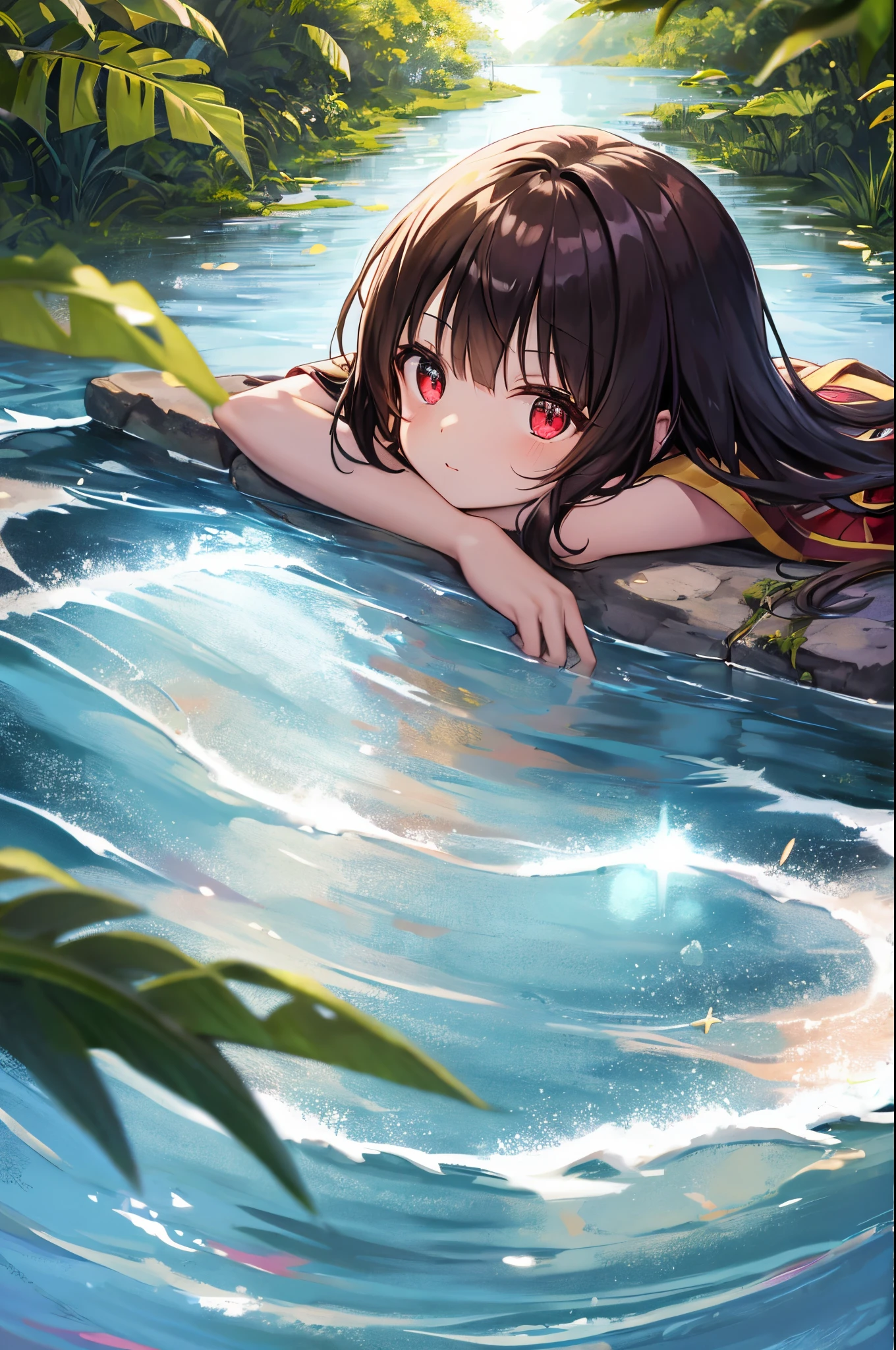 1 menina Megumin vermelha deitada na banheira em yukata, detalhes do rosto, HUD, charmoso, rosto bonito, red eyes, cabelos curtos, cabelos castanhos, pernas nuas, melhor qualidade, fundo complexo, banheiro, luz solar da janela brilhando no banheiro, sparkling water, reflexo de luz e sombra,