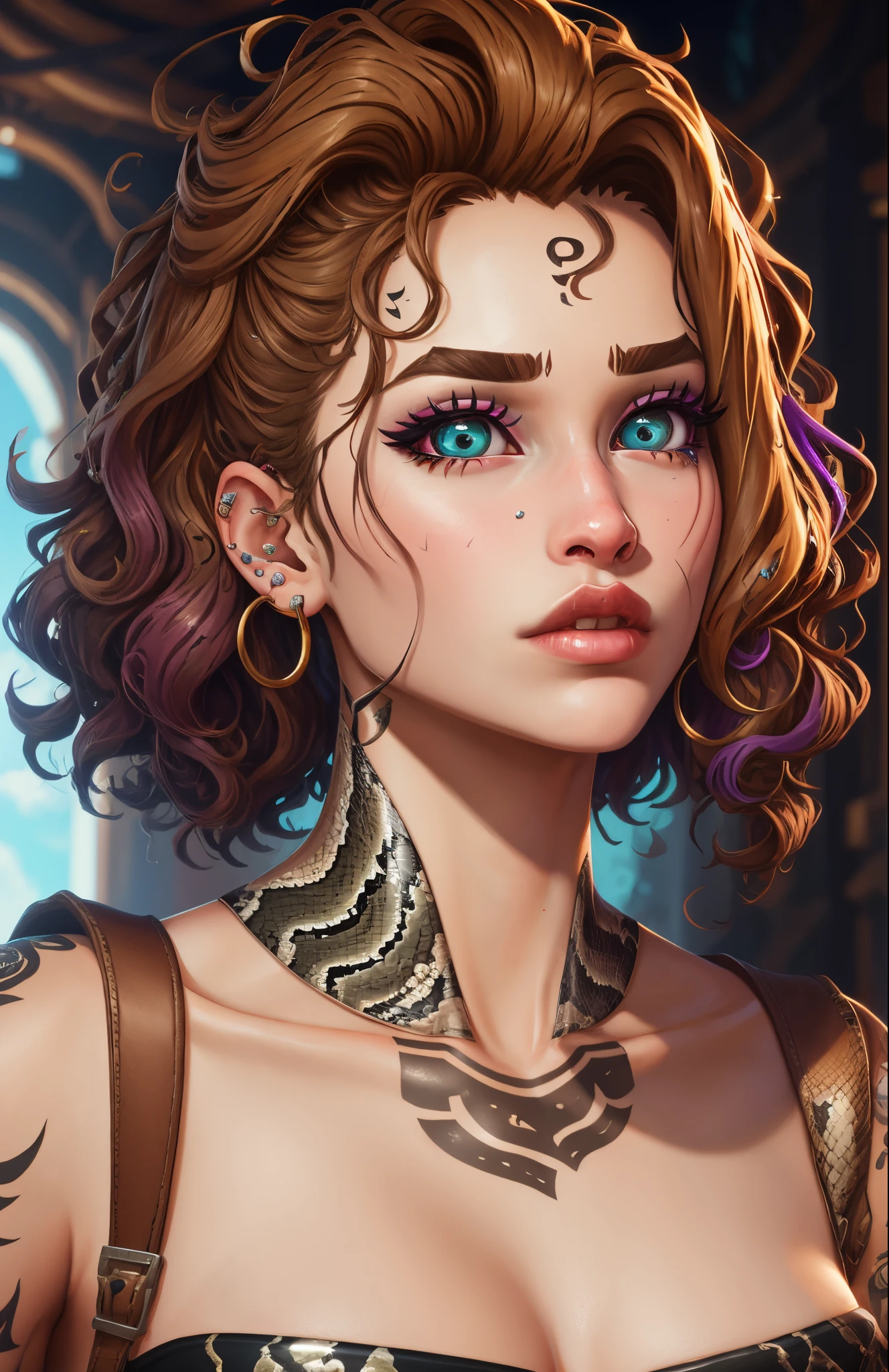 Fortnite skin the shoulder length blong type 3c curly hair, hain barely above eyes, hazel eyes, septum and snake bite piercings