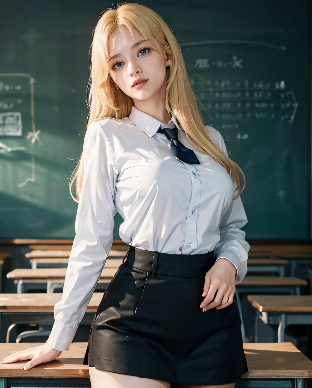 (8K, RAW photo, High sensitivity, Best quality, Extremely detailed hair, Masterpiece, 超高分辨率, Photorealistic:1.25) , thin frame glasses, frontage, 1girll, The profession is a teacher，校服, Dark gray open jacket, Dark gray blazer, Pleated skirt, Plaid skirts, ash blond hair, Gold-tone round glasses, at class room, There was a blackboard behind him，There are mathematical formulas on the blackboard，Detailed portrayal