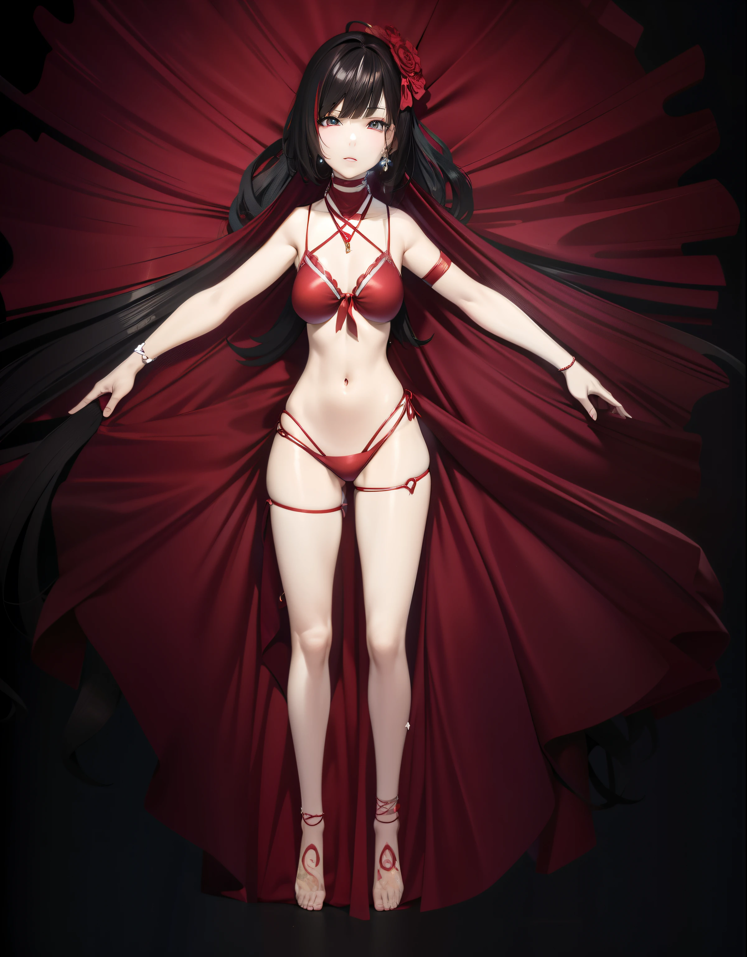 Anime girl wearing bikini and draped with red flowers, anime vtuber full body model, Complete character body, full body single character, fully body pose, Anime style 3D, 3d anime girl, Anime Stylization, realistic bikini, Character posing, A single character full body, stylized anime, live2d virtual YouTuber model