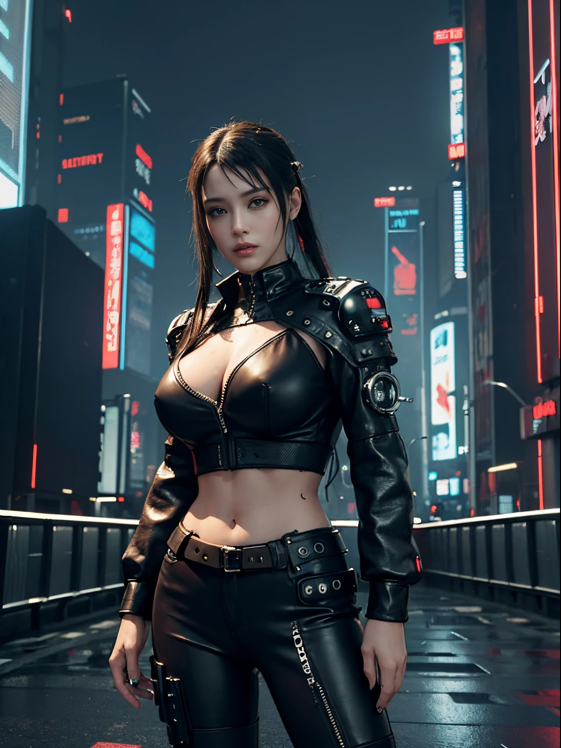 ((Best quality)), ((masterpiece)), (highly detailed:1.3), 3D, beautiful (cyberpunk:1.3), stylish woman looking at camera black leather clothes