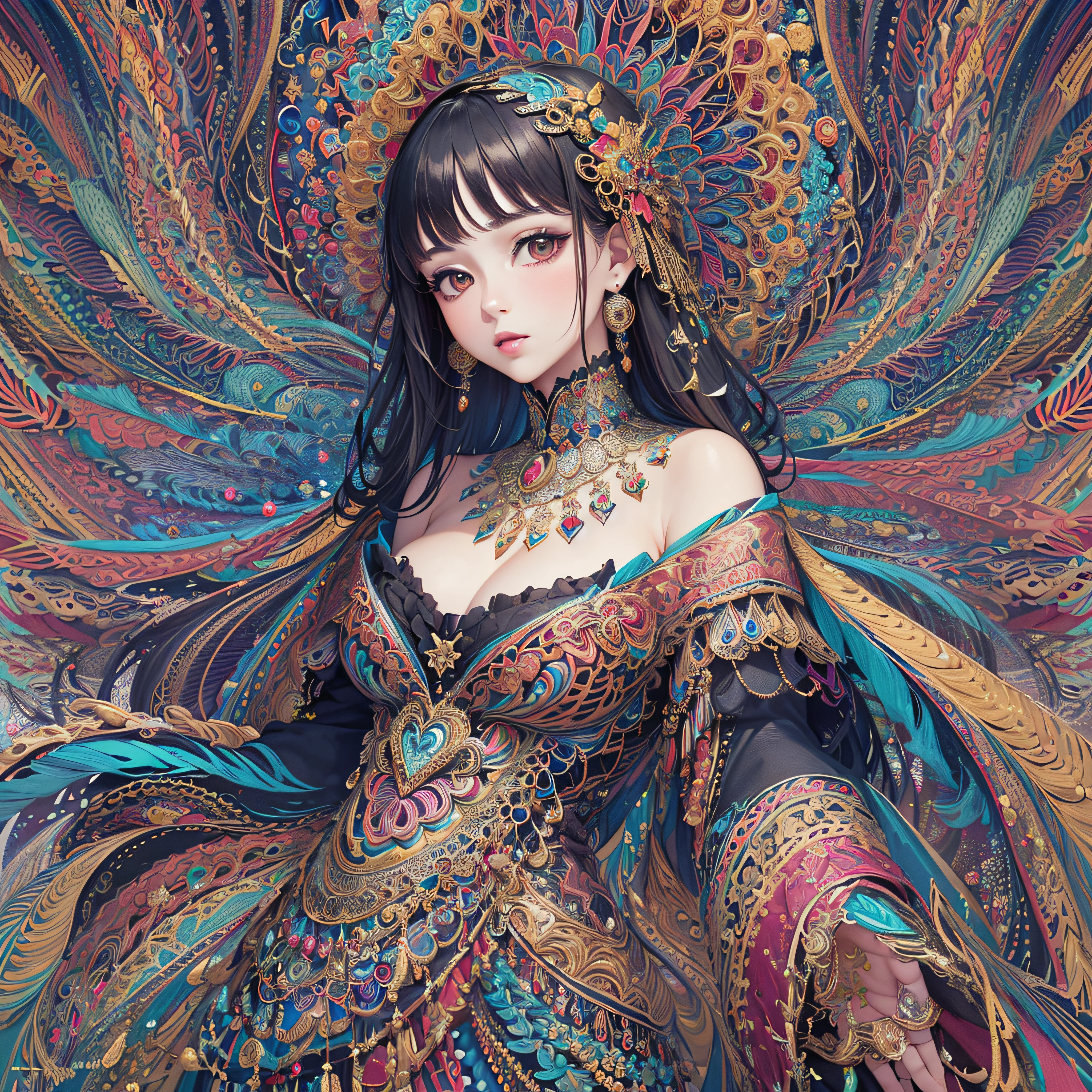 (masterpiece, top quality, best quality, official art, beautiful and aesthetic:1.2), (1girl:1.3), extremely detailed,(fractal art:1.2),colorful,highest detailed,(zentangle:1.2), (dynamic pose), (abstract background:1.5), (treditional dress:1.2), (shiny skin), (many colors:1.4), upper body, masterpiece, best quality,high quality,highres, 16K,RAW,ultra highres,ultra details,finely detail,an extremely delicate and beautiful,extremely detailed,real shadow, anime,highly detailed painted,award winning glamour paintting,wonderful paintting,art style,stylized,