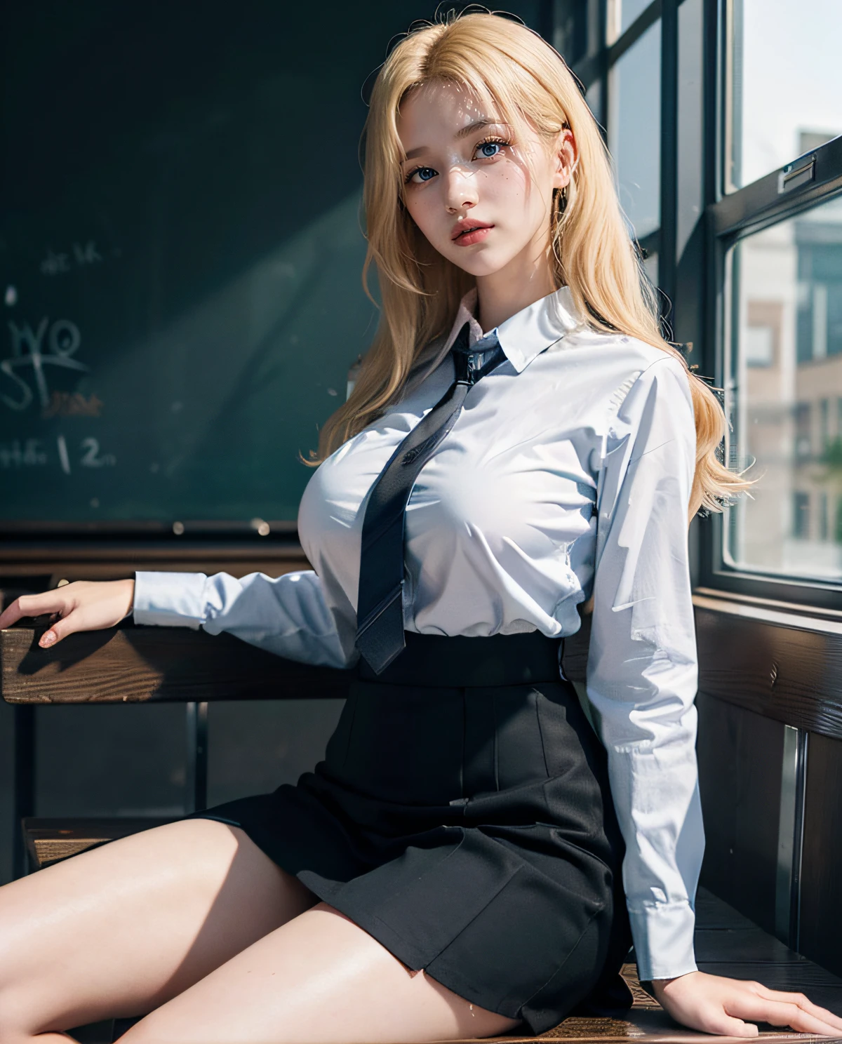 1girl, (Blue Eyes), (smiling :1.2), (Sana Minatozaki), (beautiful makeup :1.2), wide hips, Big tits, big ass, (Best Quality, 8k, Masterpiece: 1.3), Clear Focus: 1.2, Perfect Body Beauty: 1.4, strong abs, Highly detailed face and skin texture, detailed eyes, double eyelids, (blond long hair :1.2), (white dress shirt :1.2), (black office skirt :1.2), (sexy teacher :1.3), sitting at a desk, in a classroom, blackboard in the background