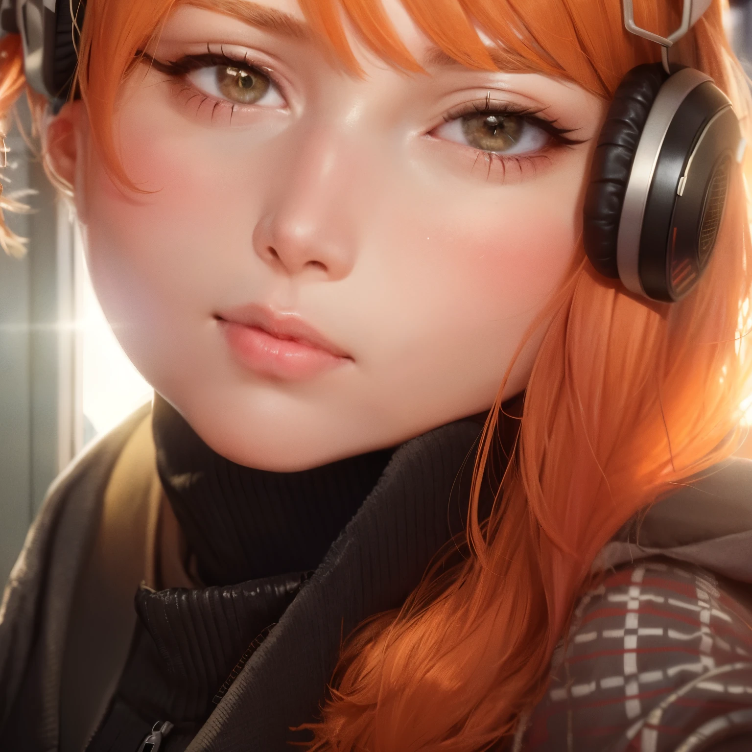 masterpiece, sidelighting, ultra-detailed, finely detailed beautiful eyes: 1.2), 1girl, bag, building, from side, headphones, hood, hood down, hooded jacket, hoodie, jacket, long hair, orange hair, profile, red hair, solo, train, train interior, upper body, Masterpiece, best quality