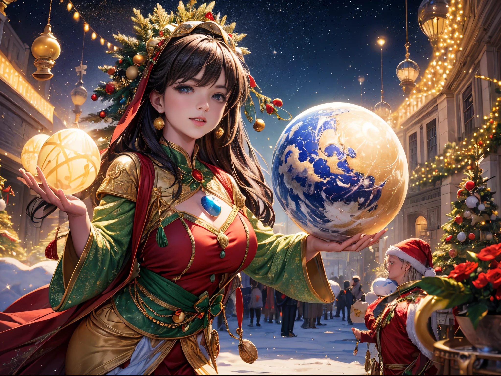 (best quality,4k,8k,highres,masterpiece:1.2),ultra-detailed,(realistic,photorealistic,photo-realistic:1.37),magine Earth-like planets emerging from golden, silver, and jewel-covered eggs, arranged in mesmerizing fractal patterns. As the eggs crack open, multiple dimensions await, revealing stunning landscapes and ethereal beauty. Each planet is adorned with Christmas-themed wonders, sparkling with holiday cheer. Warm, inviting lights illuminate the scene, casting a magical glow on the surroundings. The vibrant colors of red, green, and gold dominate the palette, creating a festive atmosphere. This artwork is an extraordinary fusion of fantasy and Christmas magic, making it a masterpiece that captures the imagination and spreads Christmas joy through every intricate detail.
