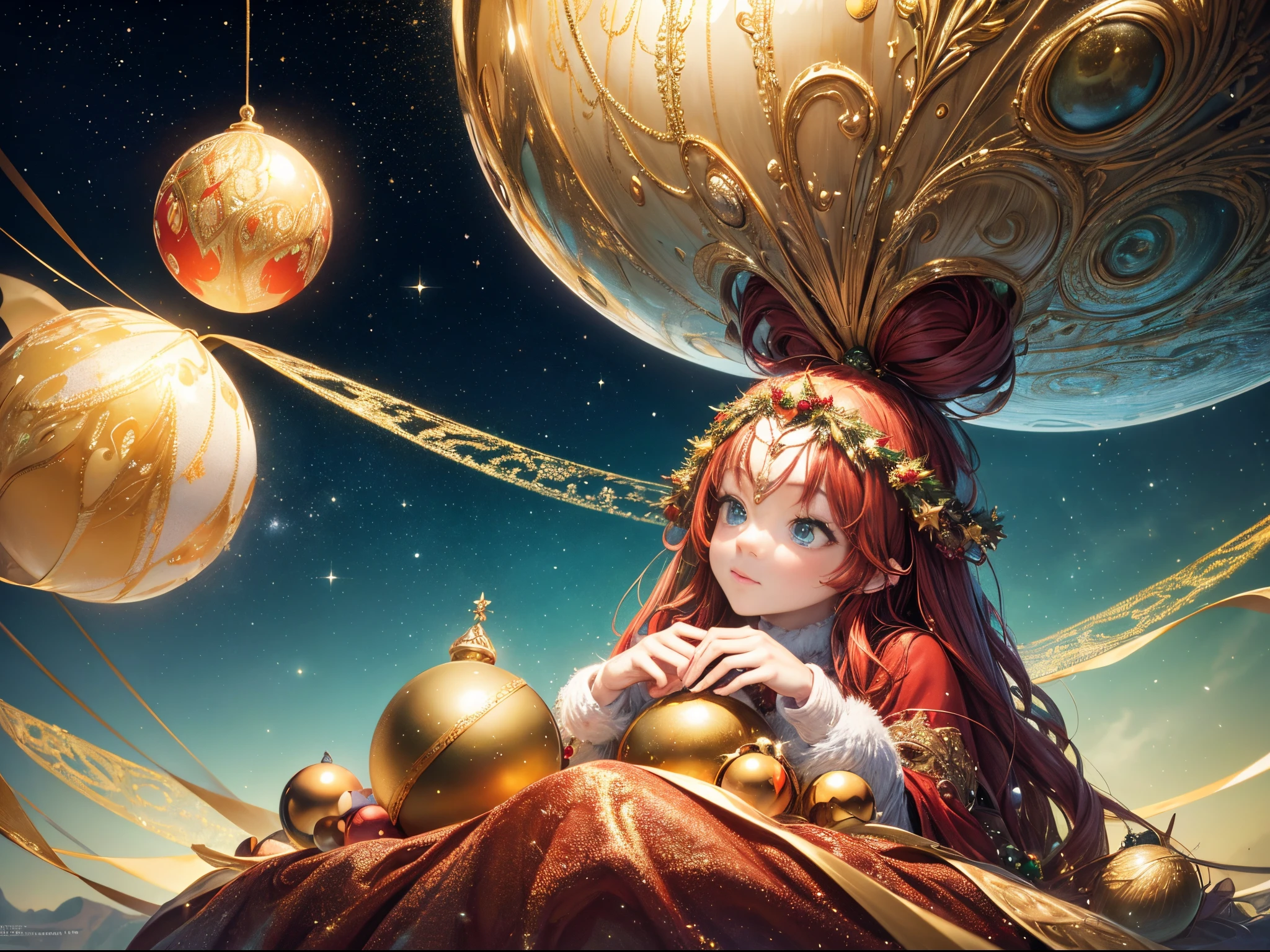 (best quality,4k,8k,highres,masterpiece:1.2),ultra-detailed,(realistic,photorealistic,photo-realistic:1.37),magine Earth-like planets emerging from golden, silver, and jewel-covered eggs, arranged in mesmerizing fractal patterns. As the eggs crack open, multiple dimensions await, revealing stunning landscapes and ethereal beauty. Each planet is adorned with Christmas-themed wonders, sparkling with holiday cheer. Warm, inviting lights illuminate the scene, casting a magical glow on the surroundings. The vibrant colors of red, green, and gold dominate the palette, creating a festive atmosphere. This artwork is an extraordinary fusion of fantasy and Christmas magic, making it a masterpiece that captures the imagination and spreads Christmas joy through every intricate detail.