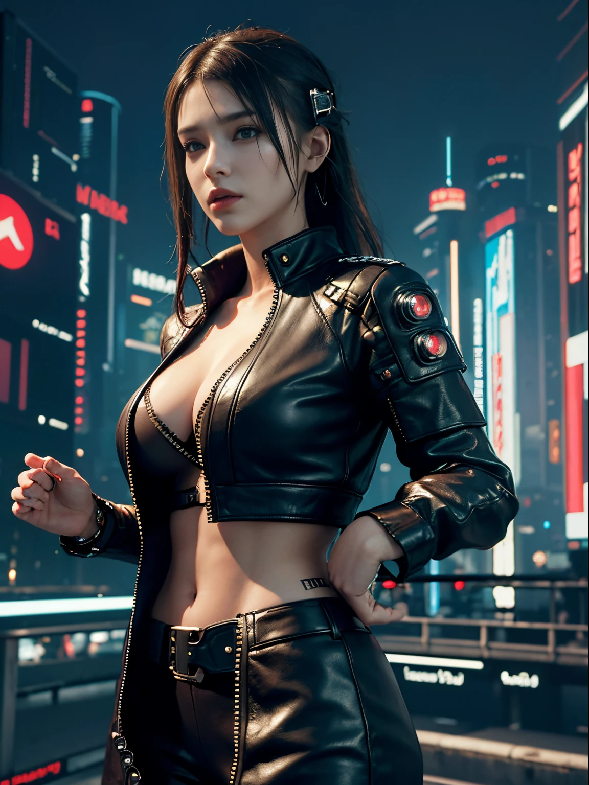 ((Best quality)), ((masterpiece)), (highly detailed:1.3), 3D, beautiful (cyberpunk:1.3), stylish woman looking at camera black leather clothes