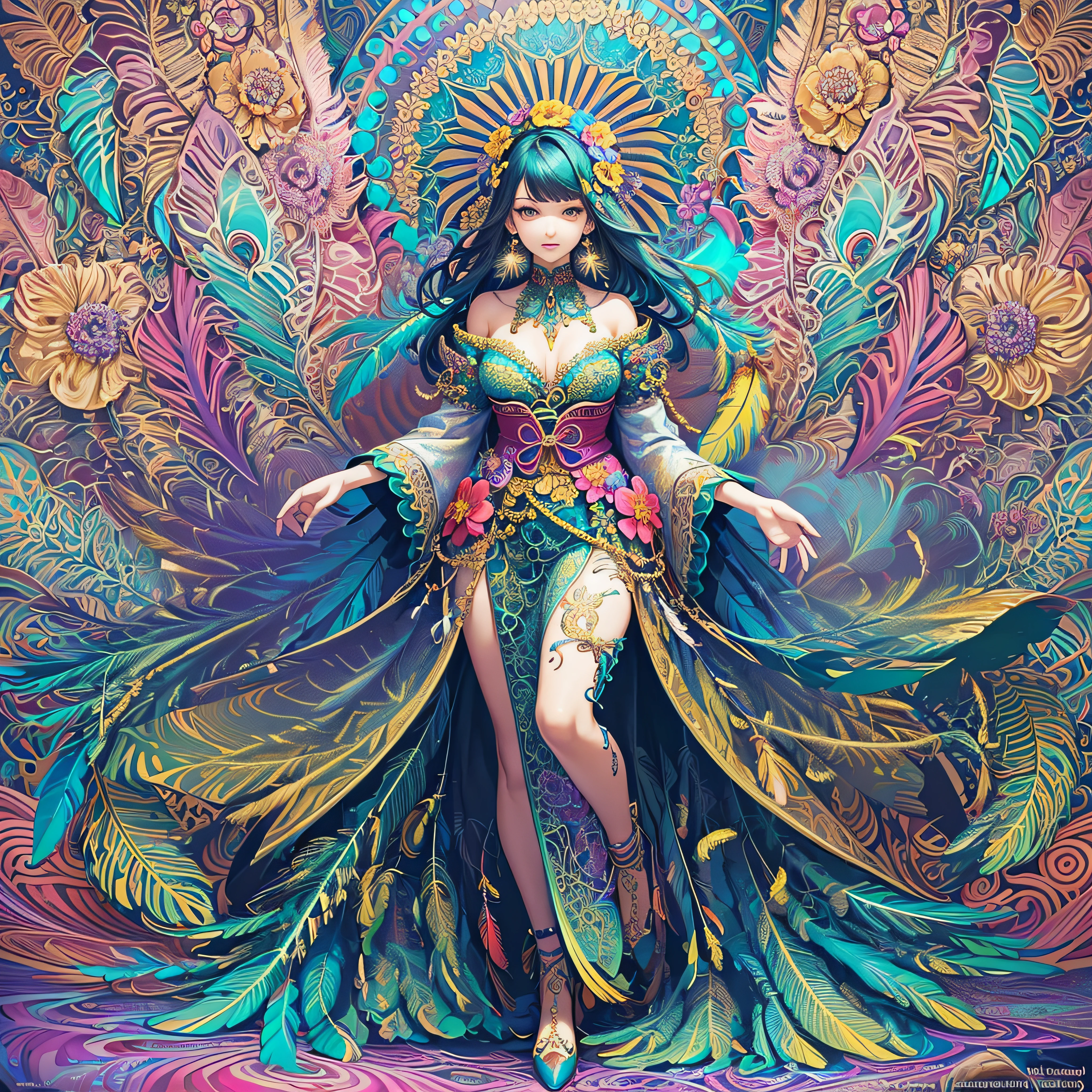 (masterpiece, top quality, best quality, official art, beautiful and aesthetic:1.2), (1girl:1.3), extremely detailed,(fractal art:1.1),(colorful:1.1)(flowers:1.3),highest detailed,(zentangle:1.2), full body, (abstract background:1.3), (shiny skin), (many colors:1.4), ,(earrings), (feathers:1.5),