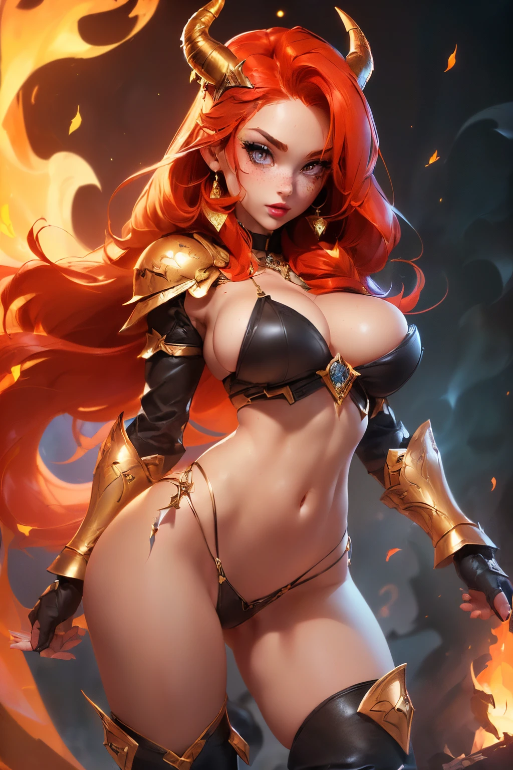 ((Full figure body, complete figure))((sexy tall scottish supermodel)) ((beautiful face)) (red lipstick) ((big bright eyes)) ((very long messy light redhead flaming hair)) ((pale skin with freckles)) ((very huge breast:1.5)) ((perfect body:1.3)) ((wears fantasy tiny black bikini armour tiny strings thong with gold ornament)) ((long black horns)) ((choker, earrings armour long boots high heels)) ((cast7⁷ fire, magic, flame hair))((beauty supermodel, hl posing inside photo studio for epic camera photoshoot, fantasy fire pillars decoration, light of reflector over her))(high resolution, dynamic shadows)((photorealistic:1.5)) ((masterpiece:1.3)) (8k) (perfect face) ((best quality:1.4)) (perfect hands and eyes)