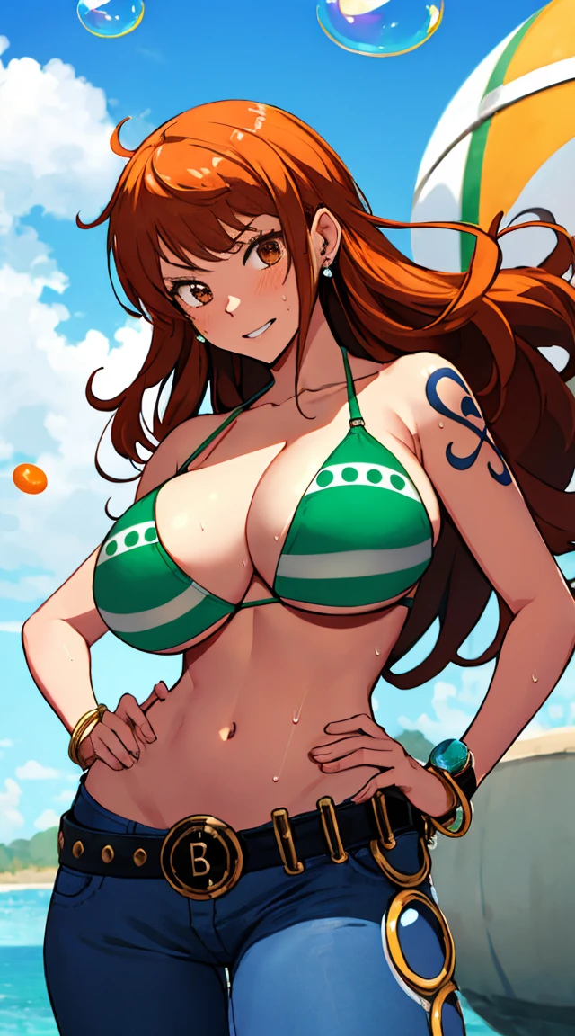 nami \(one piece\), 1girl, bangle, bangs, bare shoulders, belt, bikini, bikini top only, bracelet, breasts, brown eyes, bubble, cleavage, denim, earrings, floating hair, green belt, green bikini, groin, jeans, jewelry, (large breasts:1.9), (big breast:1.3), long hair, looking at own body, navel, orange hair, pants, shoulder tattoo, sidelocks, sky, smile, solo, stomach, swimsuit, tattoo, angry, (hand on hips:1.4), (sweaty:1,2), shy, flusttered, (((masterpiece))), nipples visible through bikini