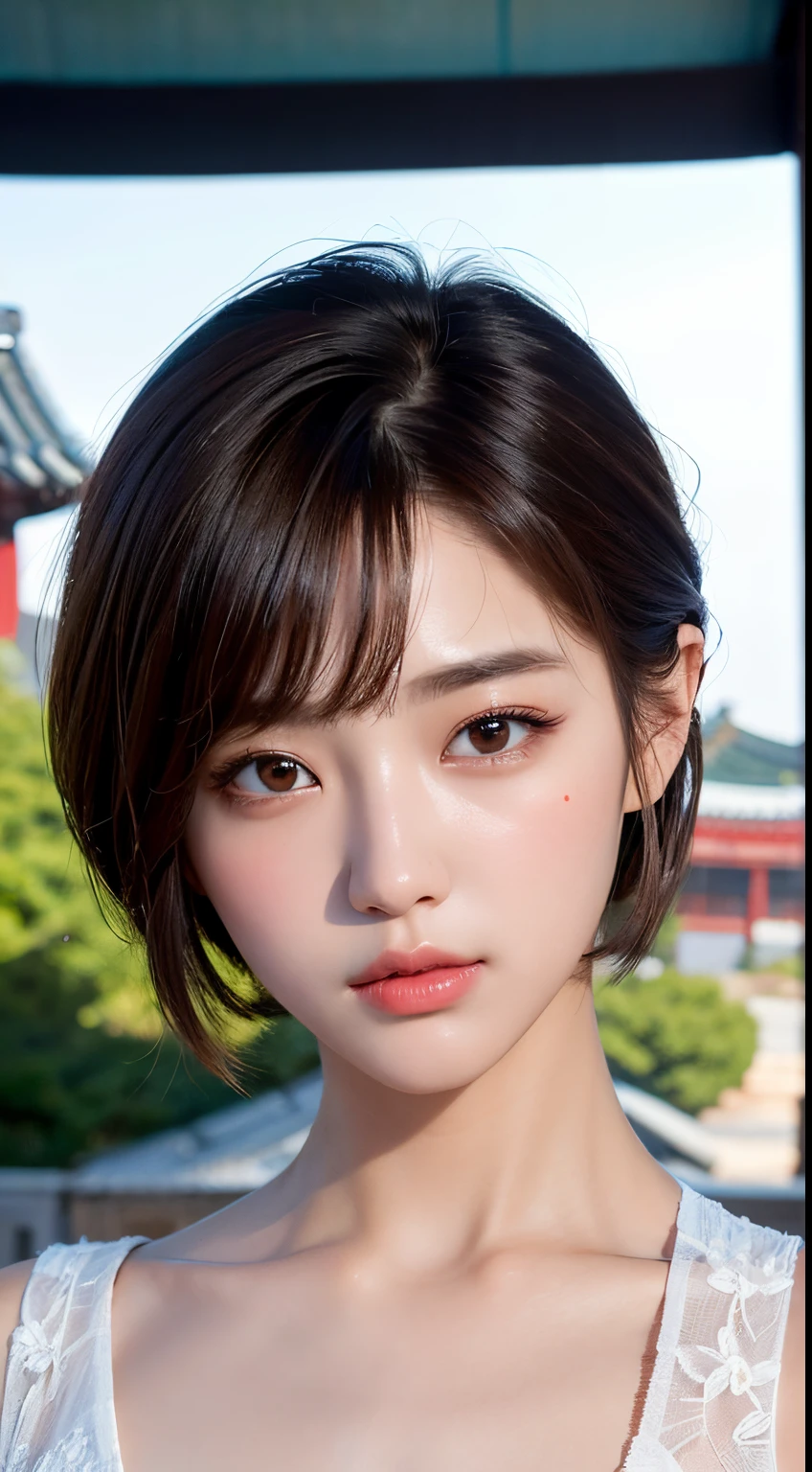 (Gyeongsan:1.5), Close up, Masterpiece, Best quality, Full anatomy, raw photo, photorealistic, Face, Incredibly ridiculous, Beautiful girl, Cute, Short hair, White underwear, depth of field, High resolution, Ultra detail, Fine detail, Very detailed, Very detailed eyes and face, Sharp pupils, Realistic pupils, Sharp focus, Cinematic lighting