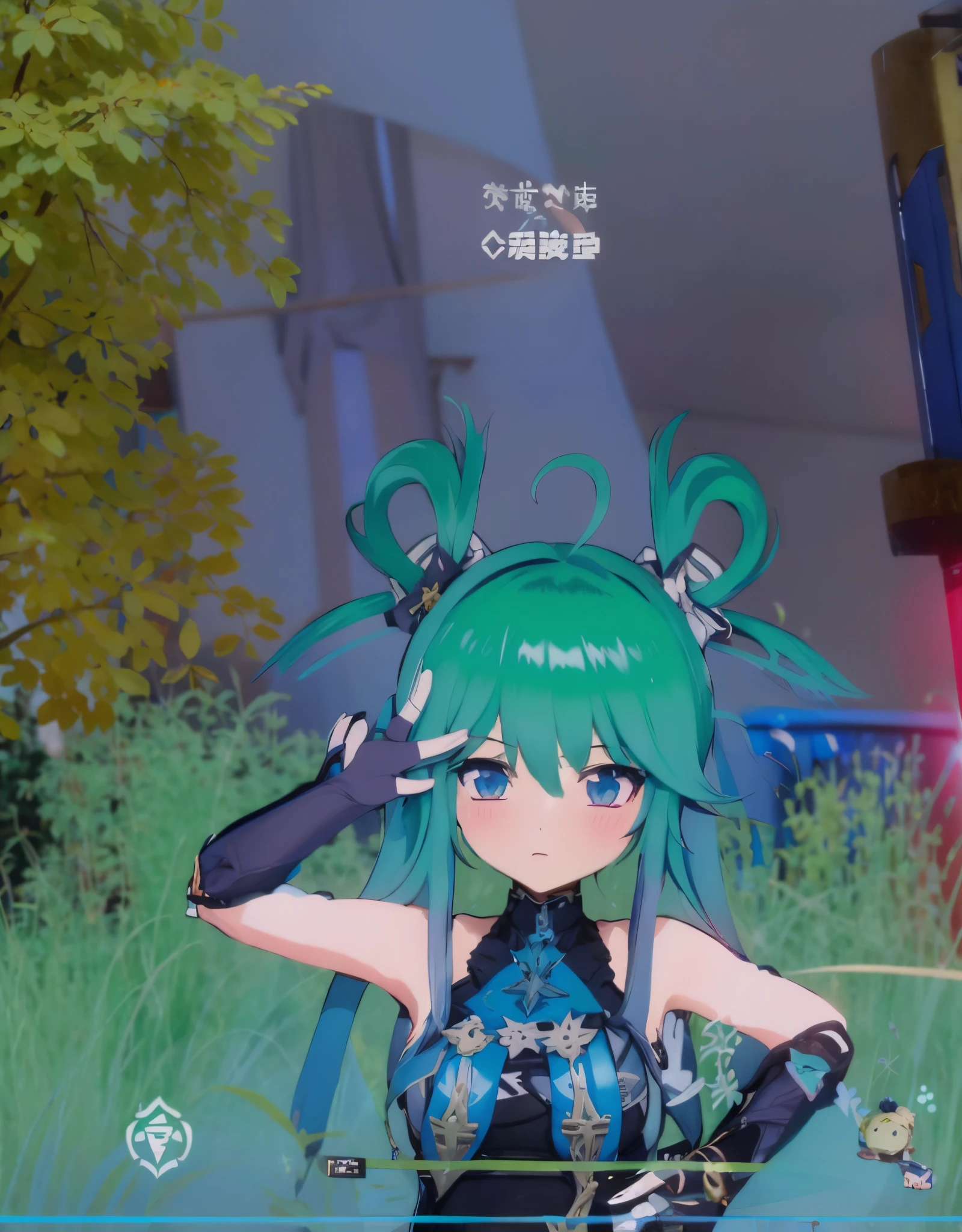 Green hair anime girl and green hair in the field, mikudayo, Translucent fluid flowing from the《Azure route》videogame, Cyan hair anime girl, stylized anime, mirai, the first god, virtual chat, Ayaka Genshin impact, azur lane style, Starting from the night of the ark, Chiba Yuda, Hatsune Miku with big breasts