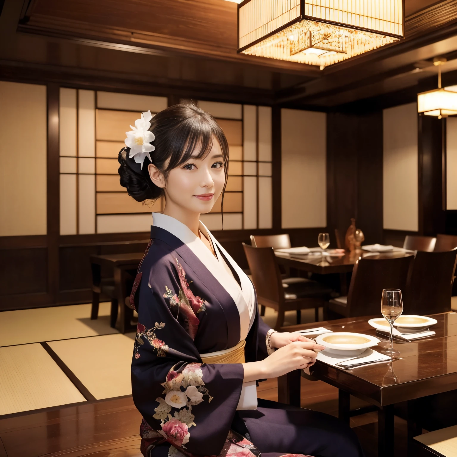 ((top-quality、masutepiece、8K、Top image quality、super-fine))、((One beautiful landlady、women's pictures、she greets me、cowboy shot))、very luxurious kimono、very elegant kimono、Tastefully put together hair、Perfect makeup、Gorgeous hairpin on your head、The background is a private room in a high-class restaurant...、Luxury Japanese style chair、elegant Japanese style chair、luxurious Japanese style dining table、Private room at a high-class restaurant in Ginza、Japanese style boudoir、Japanese style banquet hall、Interior of a very upscale Japanese restaurant、elegant warm lighting、Elegant lighting recessed into the ceiling、very luxurious atmosphere、The most luxurious and elegant Japanese interior、The most exclusive atmosphere in the world))、She's looking at me、Smile at me、perfect anatomia、A detailed face、Perfect fingers