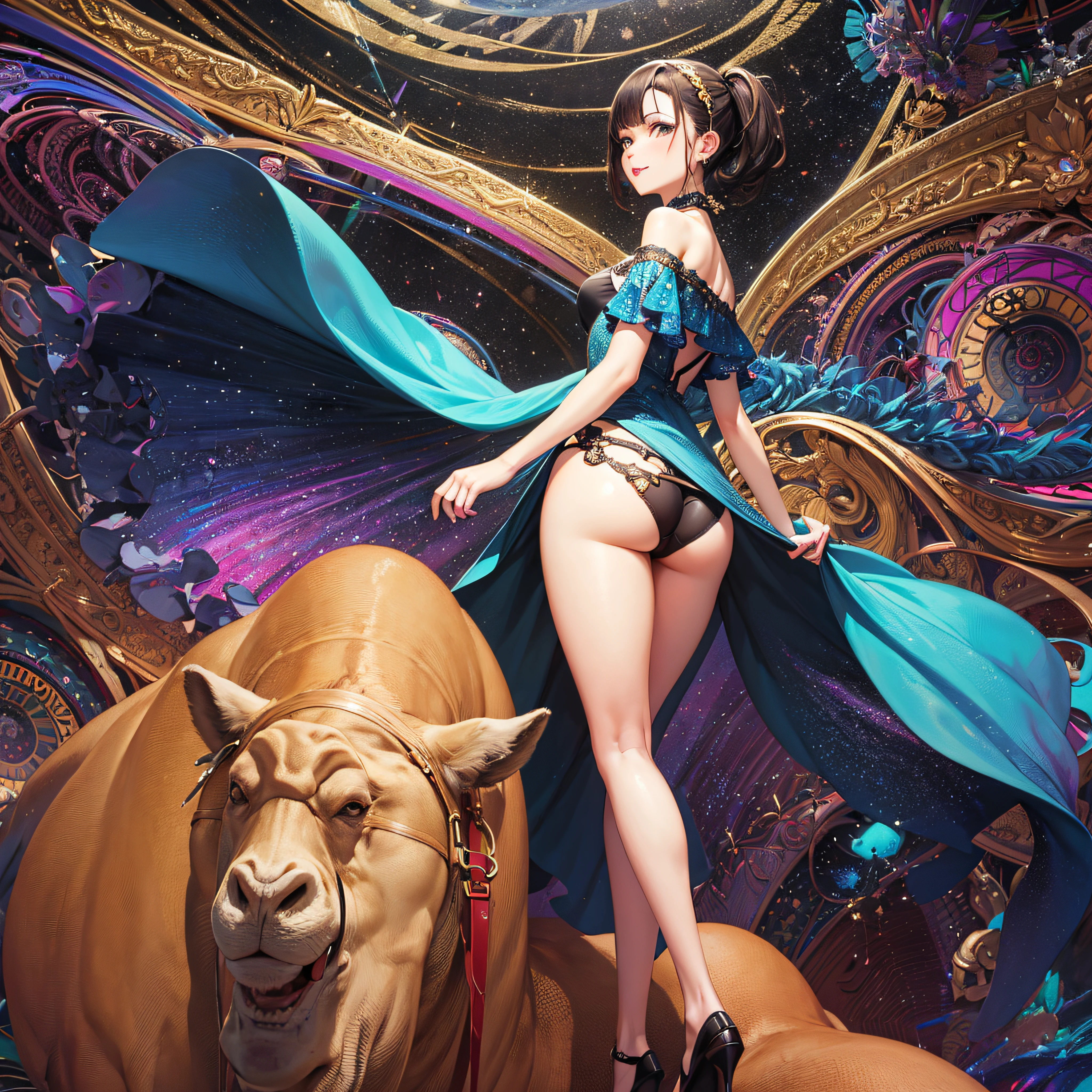(masutepiece, of the highest quality, Best Quality, Official art, Beautiful and aesthetic:1.2), (1girl in:1.3), Extremely detailed,(Fractal Art:1.2),Colorful,highest details,(Zentangle:1.2), (Dynamic Pose), (Abstract background:1.5), (Congressional Dresses:1.2), (Shiny skin), (Many colors:1.4), Upper body, Thin gauze, Off-the-shoulder, blooming flower field, Glowing skin, lightsmile, Camel toe, Sexy, Bust, nakeness,From below,Ass Up wAIT