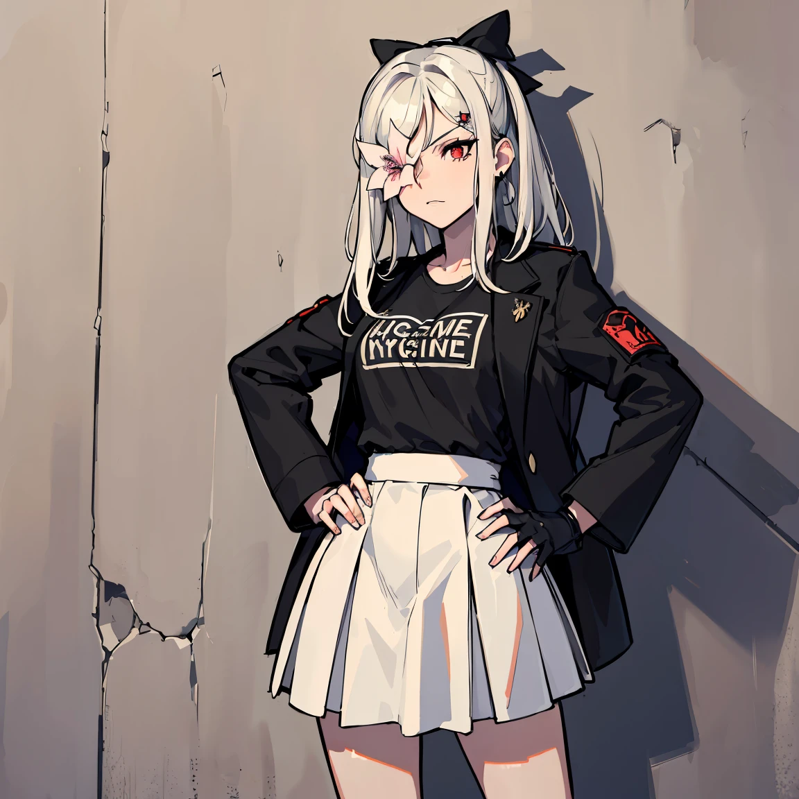 (absurdres, 8k, 4k, masterpiece, hyper extreme detailed:1.2), solo, front view portrait, best quality, portrait, solo, adult, cowboyshot, perfect anatomy, 1girl, perfect face, expressive eyes, perfect eyes, tomboy, white hair, long skirt, swept bangs, full body, WhiteOutfit, flower over eye, long hair, white hair, long hair, prosthetic arm, red eyes, black ribbon, zero, flower in eye, hands on hips, hallway background, graphic t-shirt, black jacket, streetwear, earring, standing up, standing against wall, white jacket