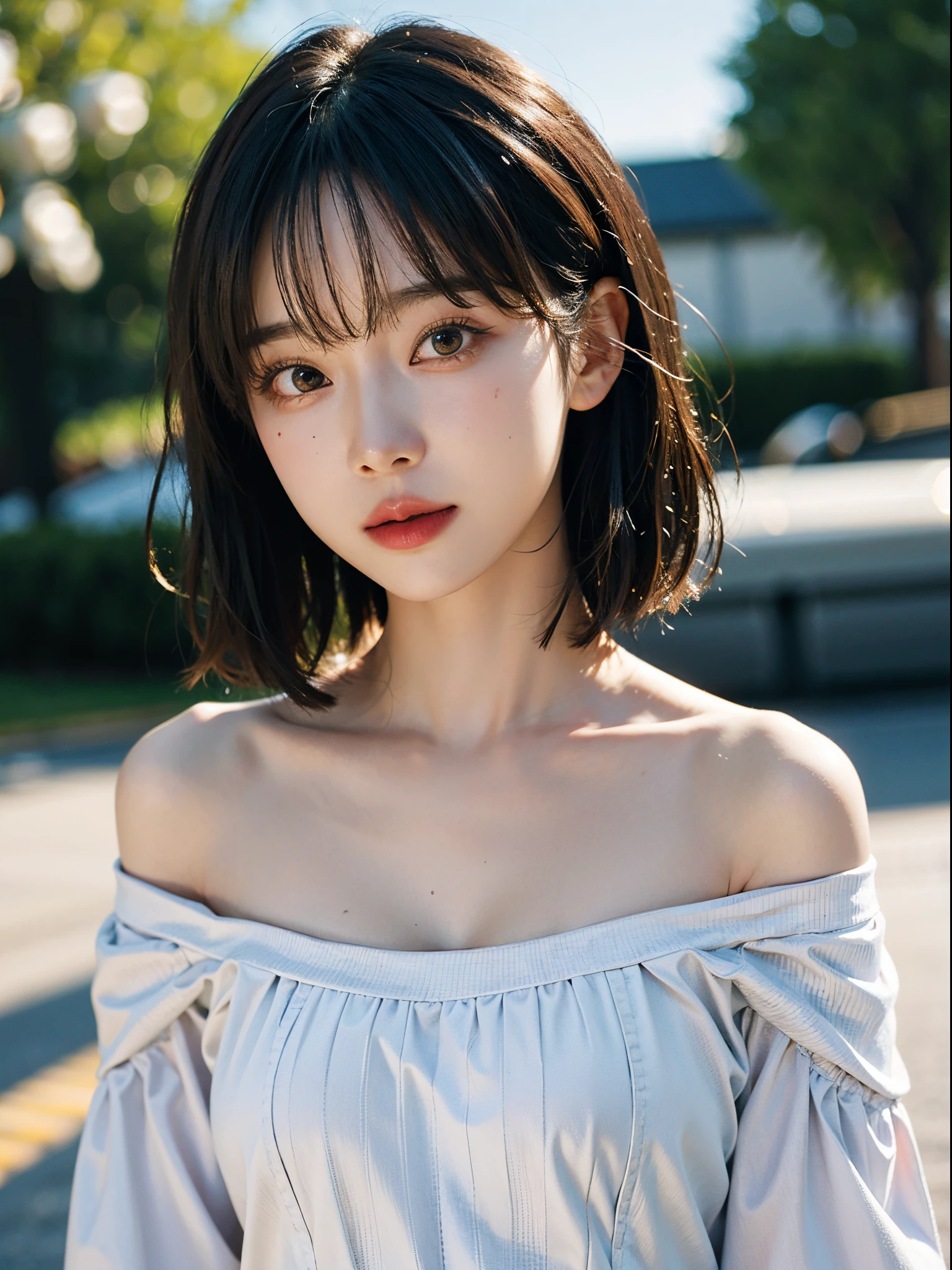 (((parted bangs, medium hair))), best quality, 8K, HDR, highres, absurdres:1.2, blurry background, bokeh:1.2, Photography, (RAW photo:1.2), (photorealistic:1.4), (masterpiece:1.3), (intricate details:1.2), 1girl, solo, chinese girl, delicate, beautiful detailed, (detailed eyes), (detailed facial features), petite, (((small breasts))), skin tight, ((looking_at_viewer)), from_front, (skinny), (best quality:1.4), (ultra highres:1.2), cinema light, (extreme detailed illustration), (lipgloss, best quality, ultra highres, depth of field, caustics, Broad lighting, natural shading, 85mm, f/1.4, ISO 200, 1/160s:0.75), (((white off-shoulder dress))),