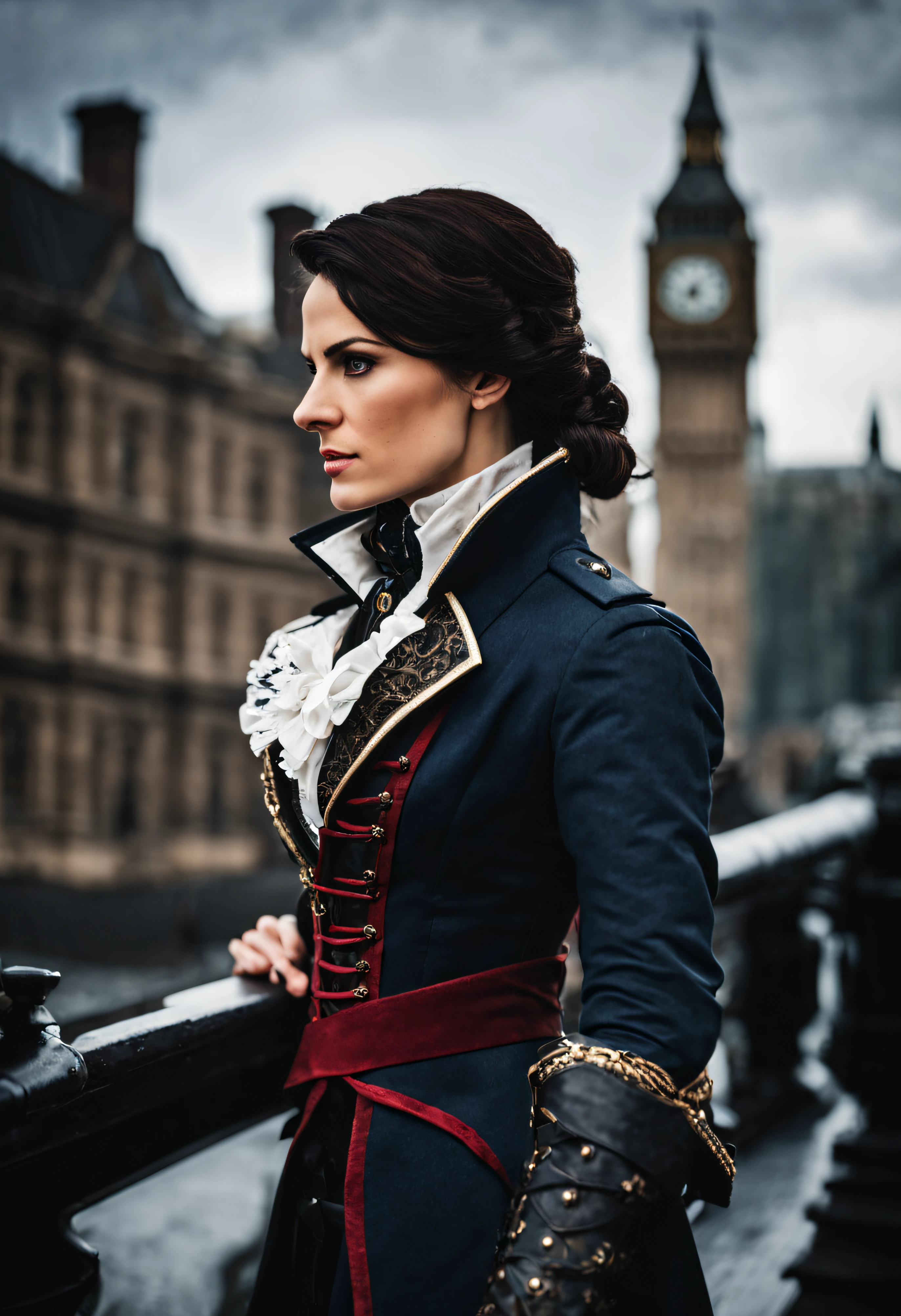 cinematic photo a watchful (woman) As Evie Frye from Assassin's Creed Syndicate, overlooking Victorian London, her hidden blade at the ready., Hair neatly tied, reflecting her strategic mindset and dedication to the Assassin's cause., . 35mm photograph, film, bokeh, professional, 4k, highly detailed