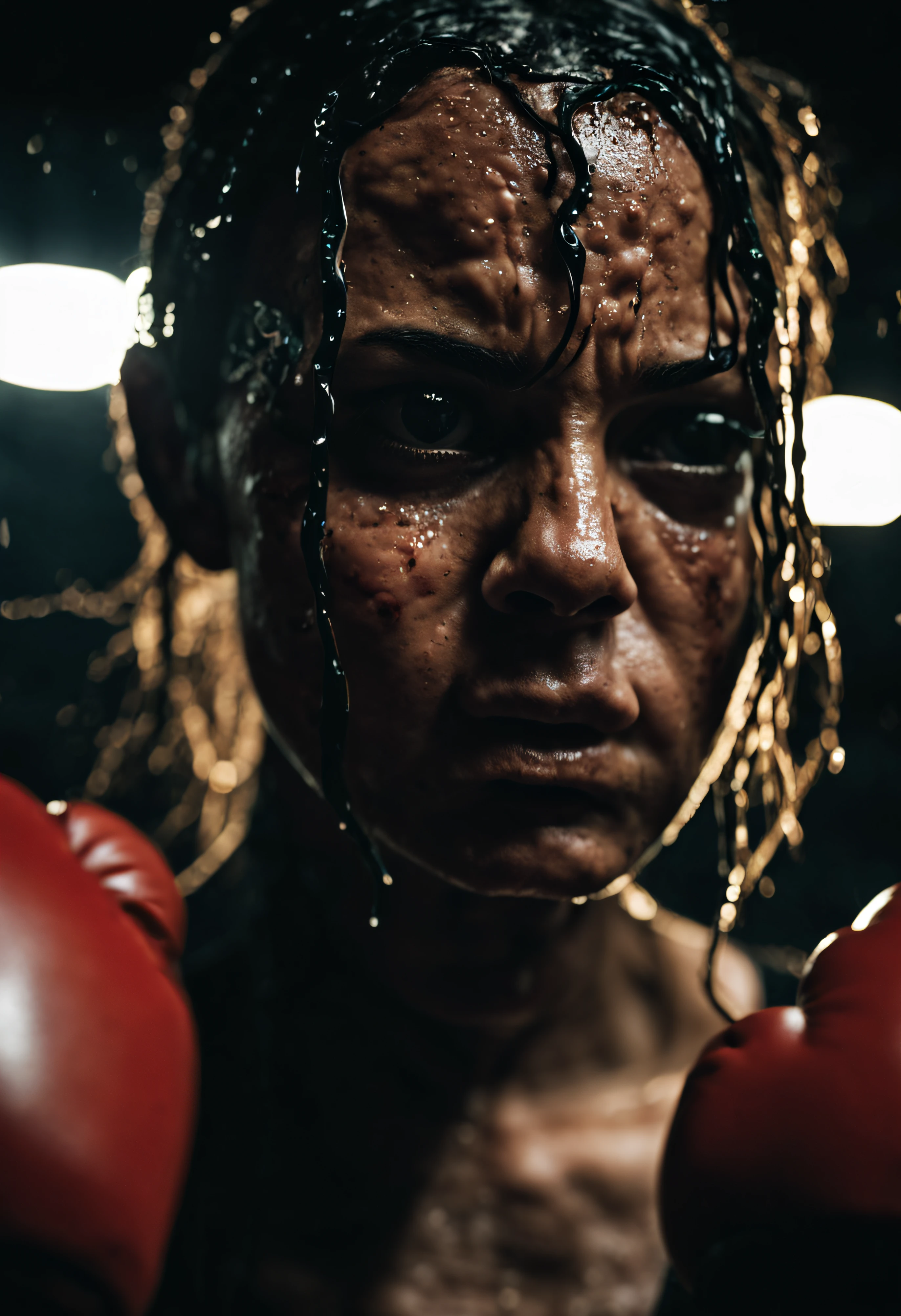 Horror-themed photograph extreme close up portrait of dripping wet Female boxer training, boxing gloves, serious, stoic cinematic 4k epic detailed 4k epic detailed photograph shot on kodak detailed bokeh cinematic hbo dark moody . Eerie, unsettling, dark, spooky, suspenseful, grim, highly detailed