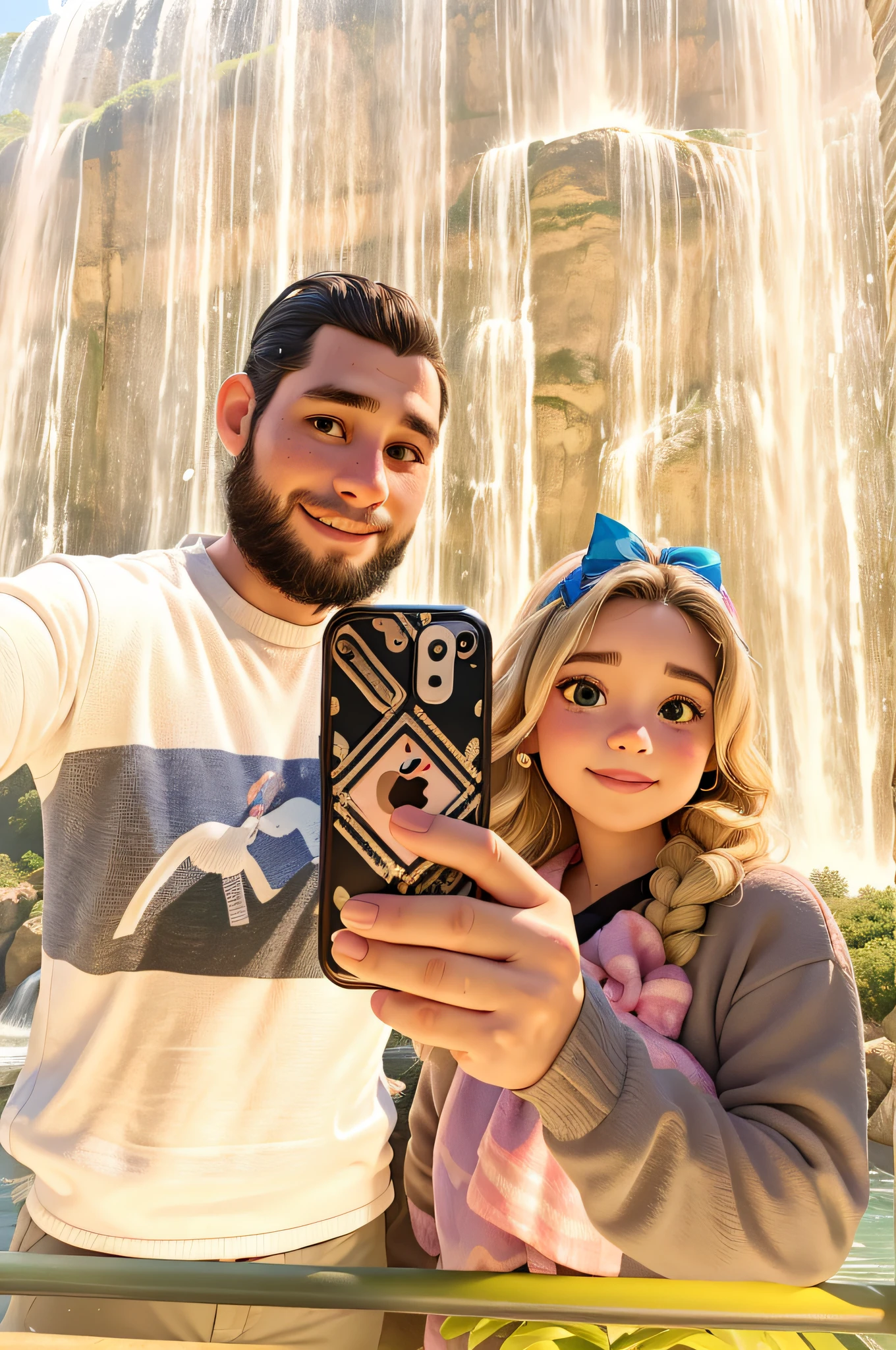 they are posing for a picture in front of a waterfall, 8k selfie photograph, vacation photo, 🤬 🤮 💕 🎀, 😭🤮 💔, photo shoot, instagram post, in love selfie, facebook post, iphone selfie, 😭 🤮 💕 🎀, momma and papa, selfie, at sunset, lovely couple, iphone picture