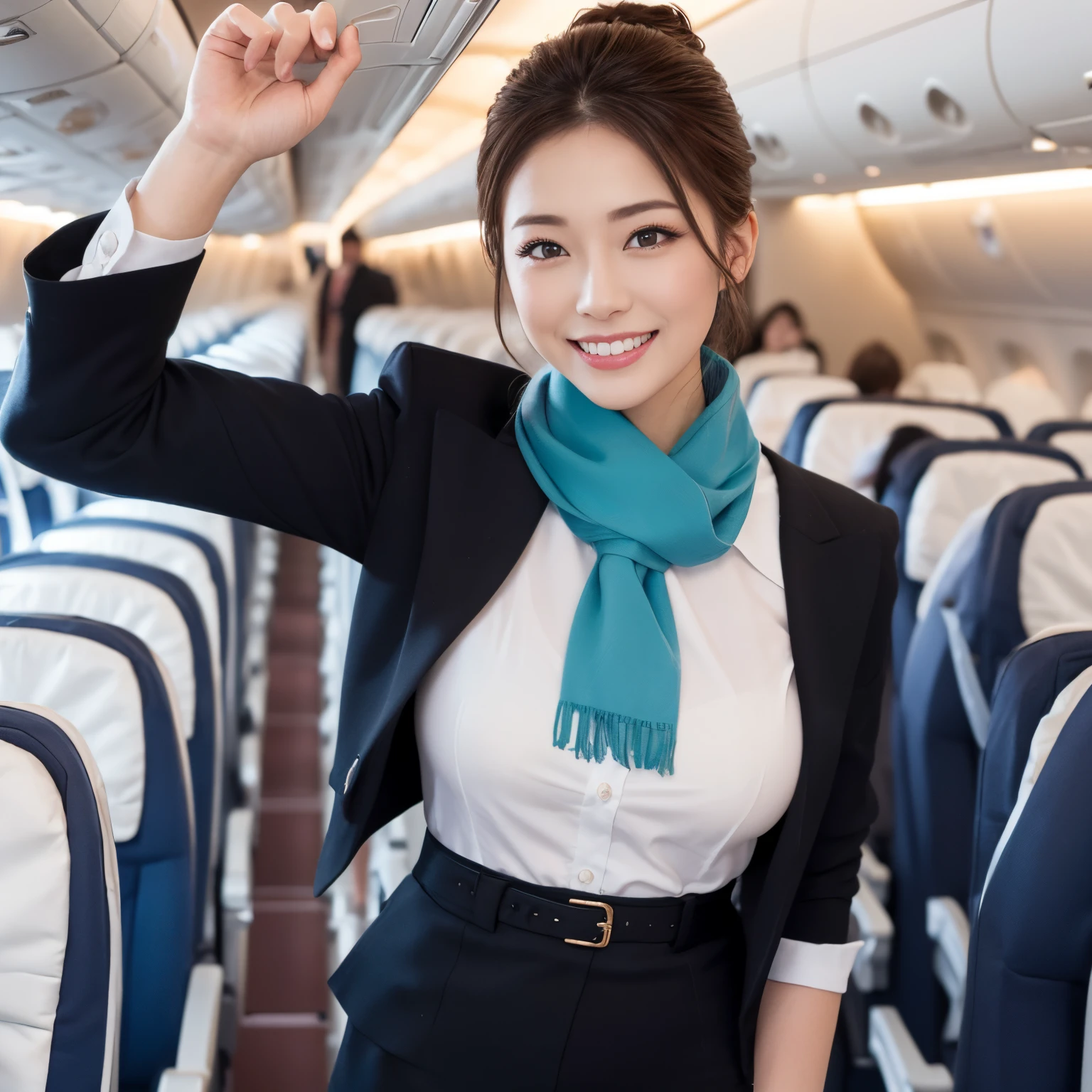 ((top-quality、masutepiece、8K、Top image quality、Hyper-Realism))、((1 female stewardess、walk gracefully down the aisle、cowboy shot、Take a photo of her from the waist up))、((The background is the first class aisle of an airplane.))、((The perfect stewardess uniform、very short nylon scarf))、(Expose your forehead、chignon)、large full breasts、The Biggest Smile、white big teeth、Perfect makeup、long eyelashes、View me、smile your best smile、perfect anatomia、Bright lighting