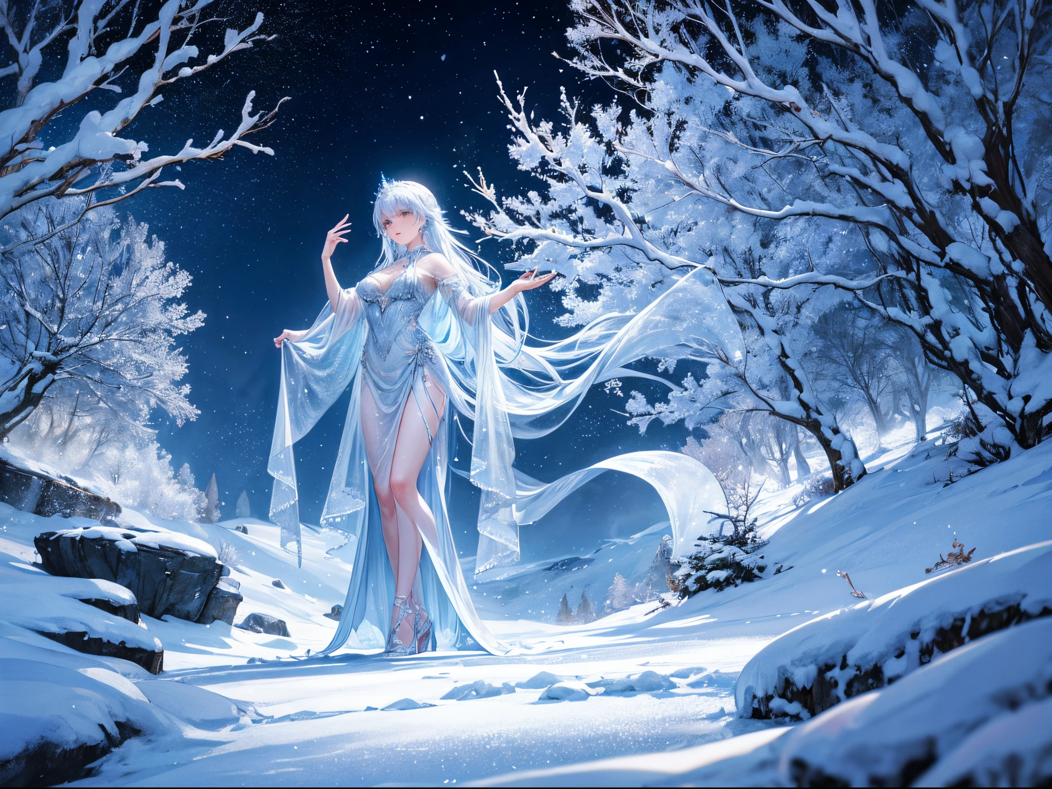 A glimmering dance of rime and moonlight, a frosty crown atop the snowy mountains, and frozen branches adorned with shimmering crystals. The tranquil stillness of the night paints an ethereal glow, a cold beauty that blankets the land in lunar glow and silver shadows. This mystical atmosphere transforms the world into a winter wonderland, a frozen landscape of delicate icicles and glistening snow. A crisp air carries the serene silence, and the moonlit peaks shine with frosty enchantment. Icy sculptures of frost-covered trees, bathed in celestial radiance, stand like sentinels guarding the sparkling frost. It is a magical night, a peaceful serenity, a dreamlike scenery that reflects the moonlit glow. The poetic winter casts an enchanting moon, awash in icy blue hues and a starry sky. This frozen wilderness is an ethereal tranquility, a moonlit frost that blankets the land. The moonlit stillness is a wintry moonbeam that illuminates the luminescent landscape, and the icy moonlight transforms this frozen paradise into a land of enchantment.