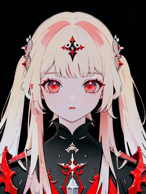 pale young divine gothic priestess, twintails, pure white skin, rust decay, Beautiful full body symmetrical portrait, Delicate blonde hairstyle, crimson eyes, dark red elegant gothic armor, encrusted with red gems, dark cathedral, masterpiece, Highest image quality, super detailing, upscaled, art by Zdzislaw Beksinski, art by H.R. Giger, absurdres, highres, (official art, beautiful and aesthetic:1.2), real, 4k, 8k,
